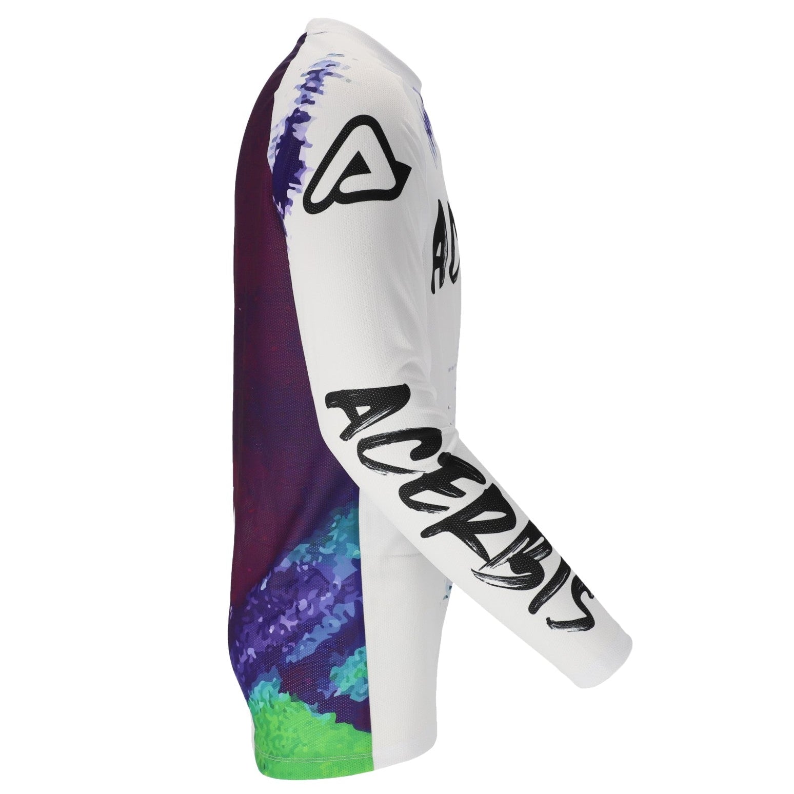 A long-sleeve motocross jersey shown from the side on a white background, featuring a white base with a purple and blue abstract graphic on the upper body and a green graphic on the lower left side. The right sleeve has a black stylized logo, and the left sleeve features the text 'ACERBIS' in black script.