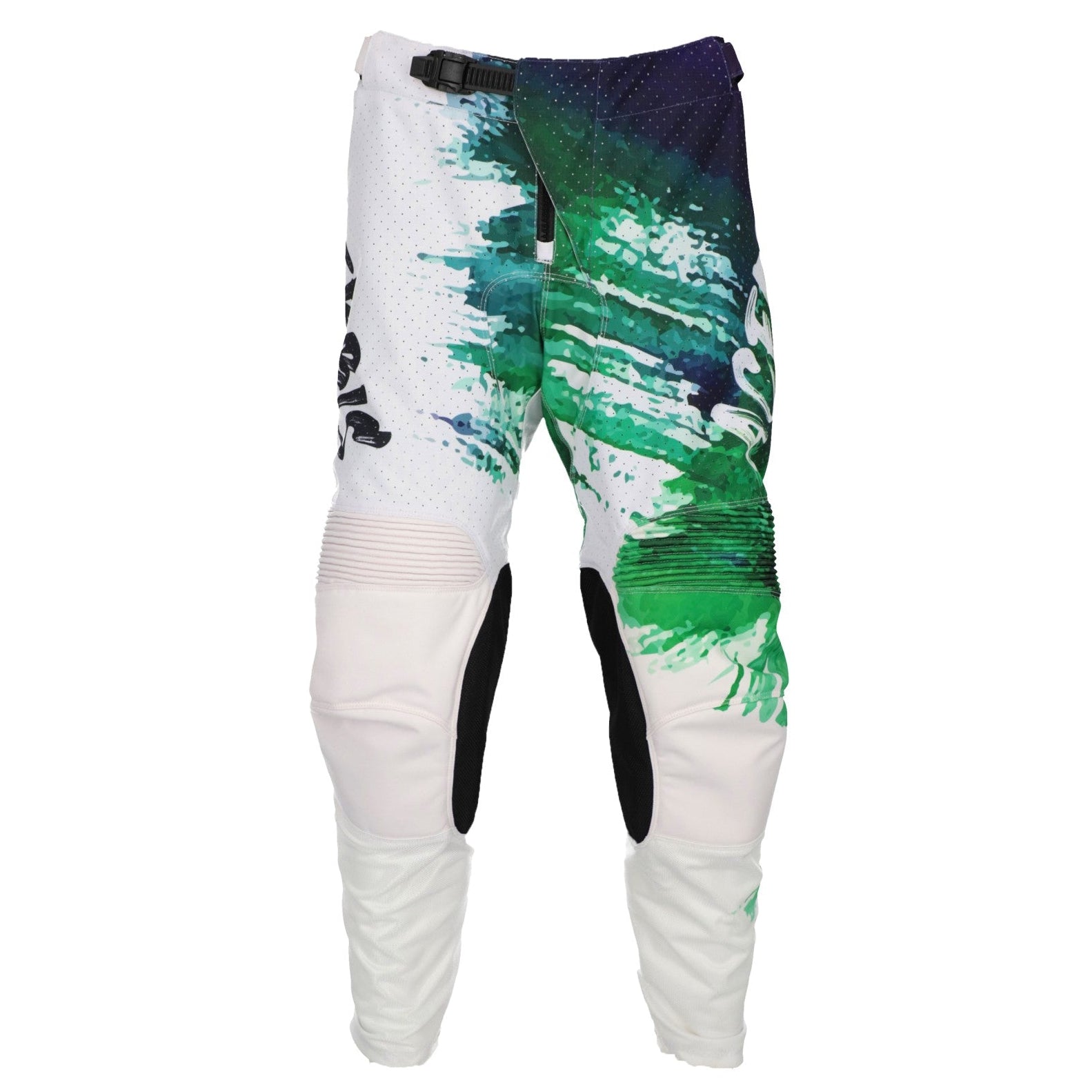 White motocross pants with a green and dark blue paint-splatter graphic print on the upper legs, black knee protectors, and a black waistband.