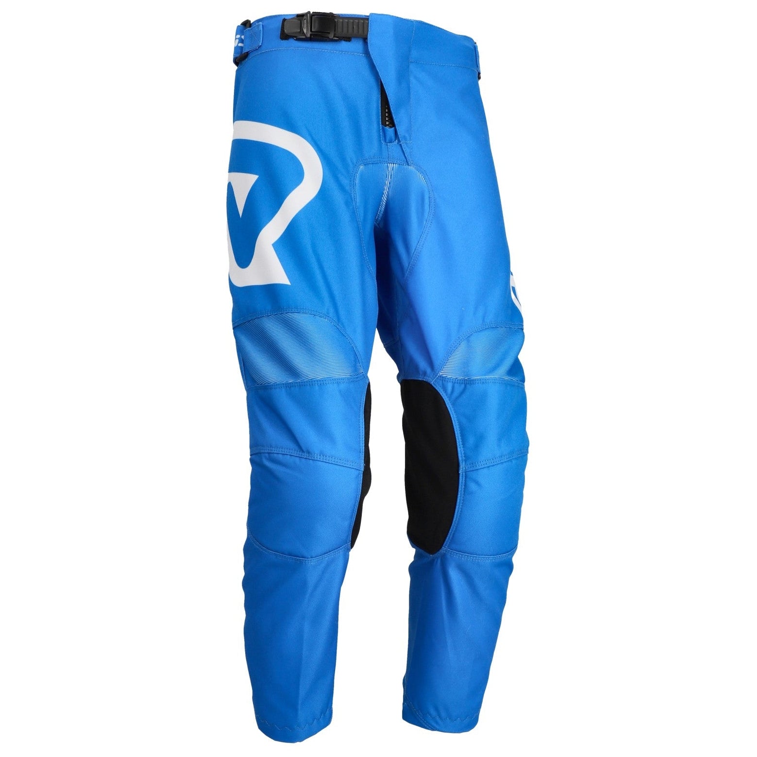 Blue motocross pants with a logo on a white background