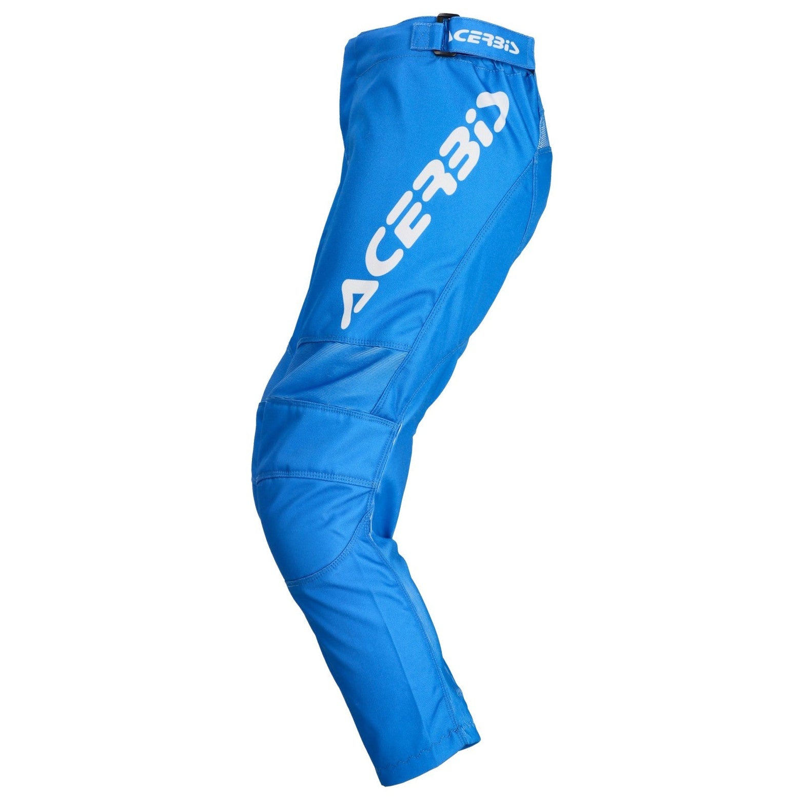 Blue Acebis motocross pants with a large white logo printed diagonally on the left thigh, shown against a plain white background.
