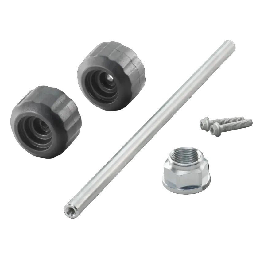 Set of mechanical components including nuts and a rod on a white background