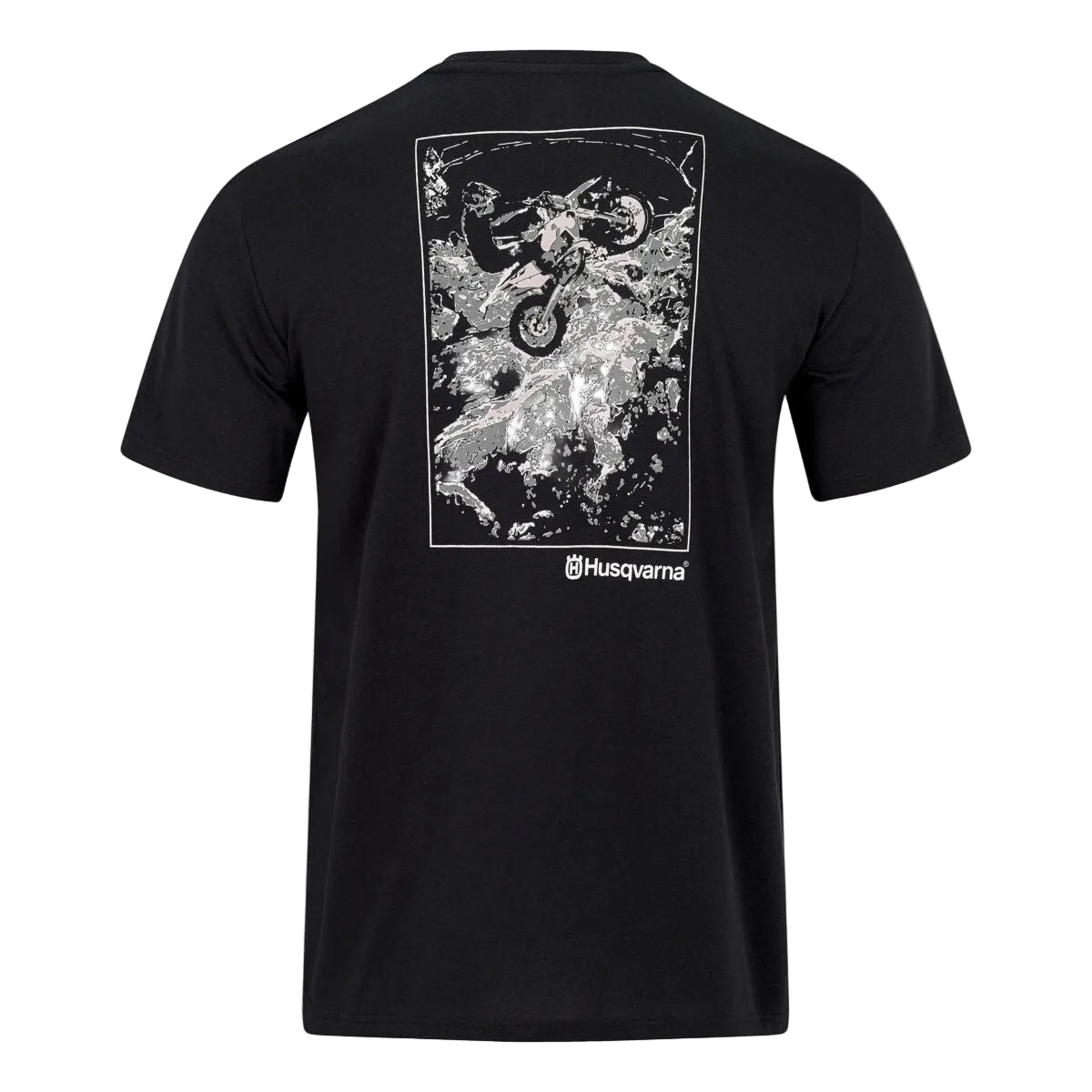 Black t-shirt with graphic design on a plain background