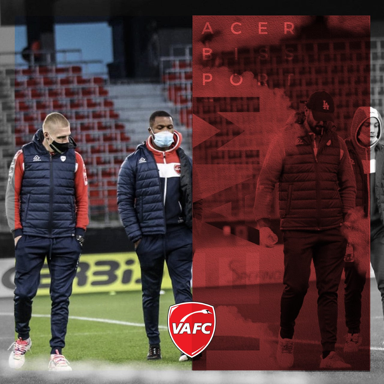 Two men on a sports field with VAFC logo and Acer Bisport branding.