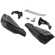 Black motorcycle handlebar risers with mounting hardware on a white background