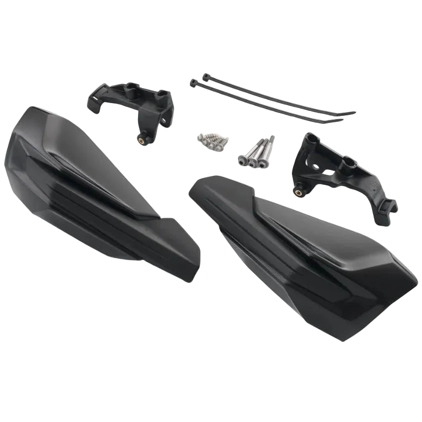 Black motorcycle handlebar risers with mounting hardware on a white background