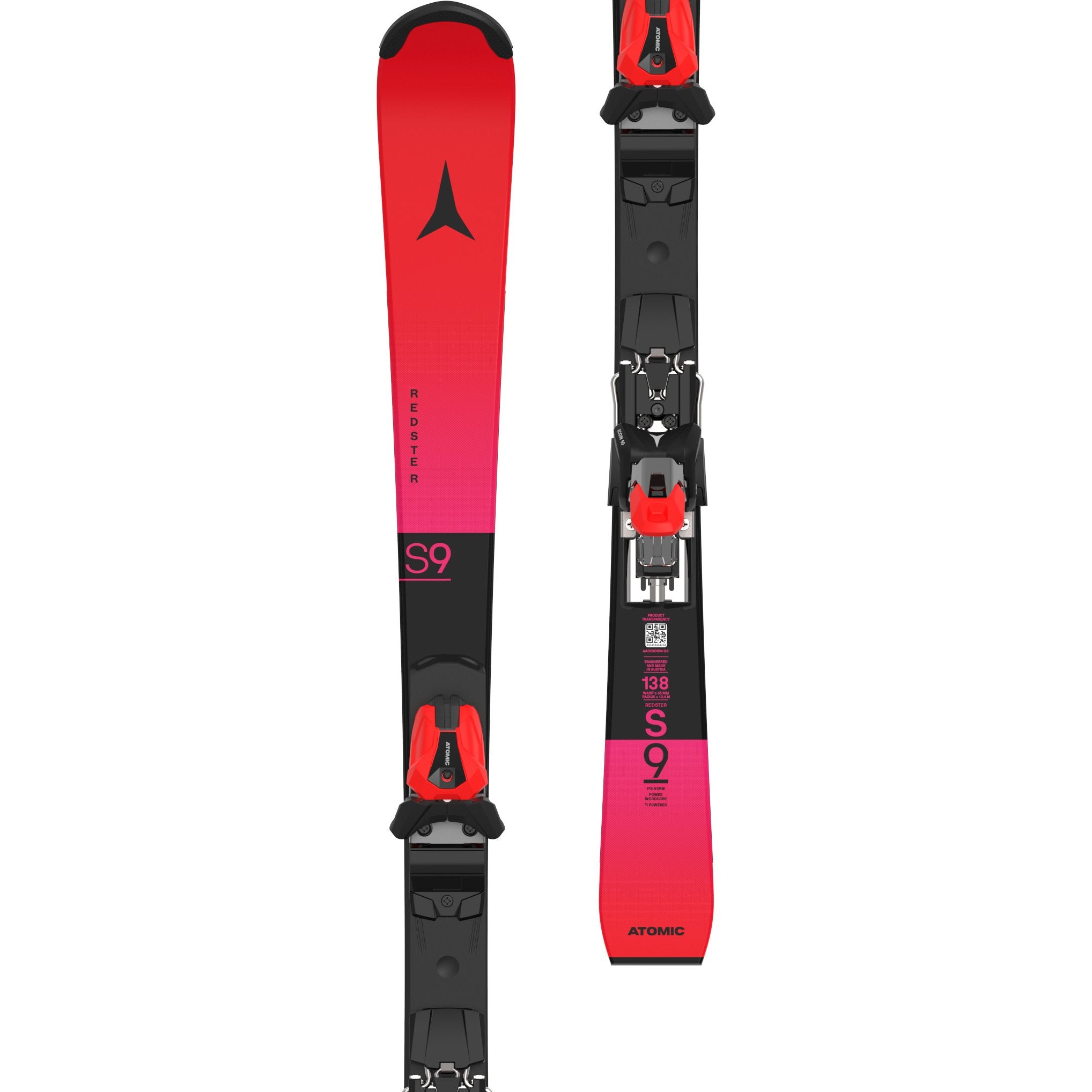 ATOMIC NYI Redster FIS S9 J-RP3 red/bk/pink w/Icon 10 kalnu slēpes ar stiprinājumiem