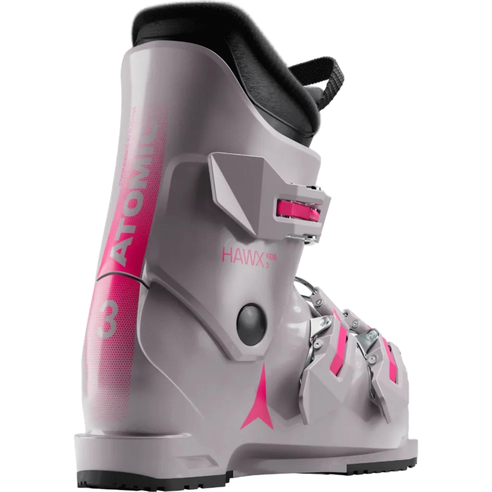 Gray and pink Atomic ski boot on a white background