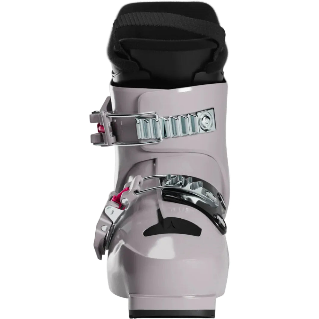 Close-up of a gray ski boot with silver buckles on a white background