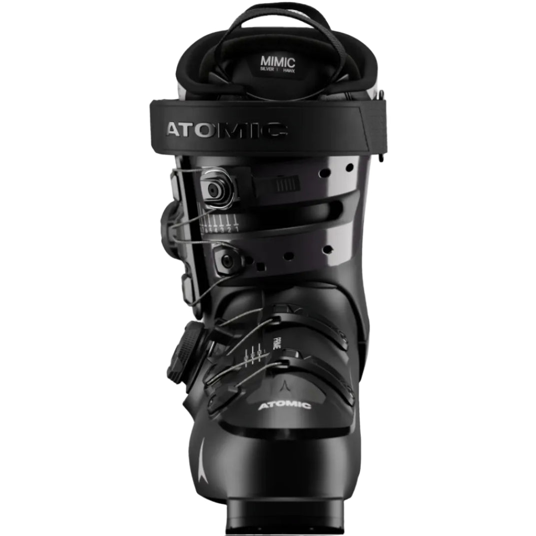 Black ski boot with 'Atomic' branding on a white background