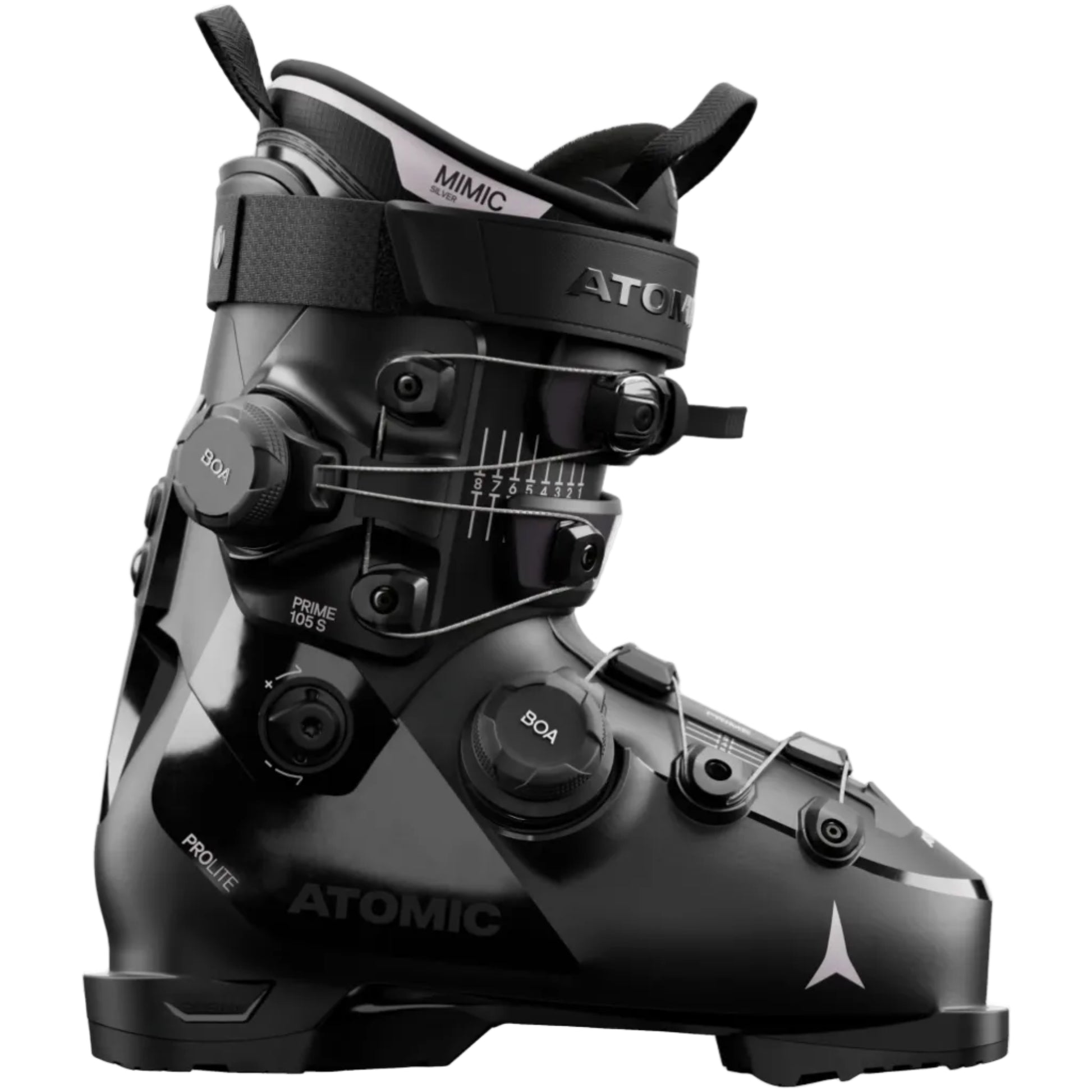 Black Atomic ski boot with intricate design on a white background