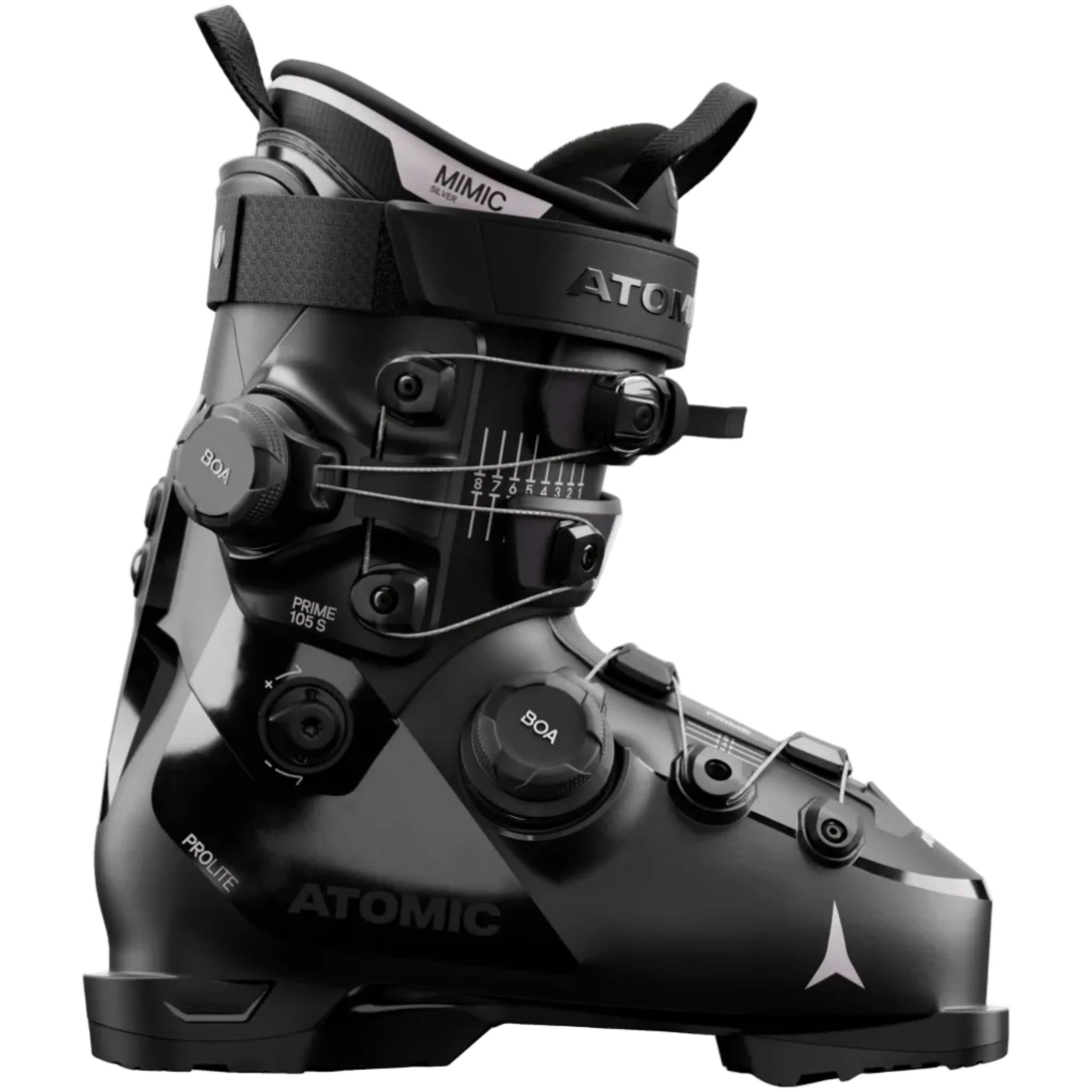 Black Atomic ski boot with intricate design on a white background