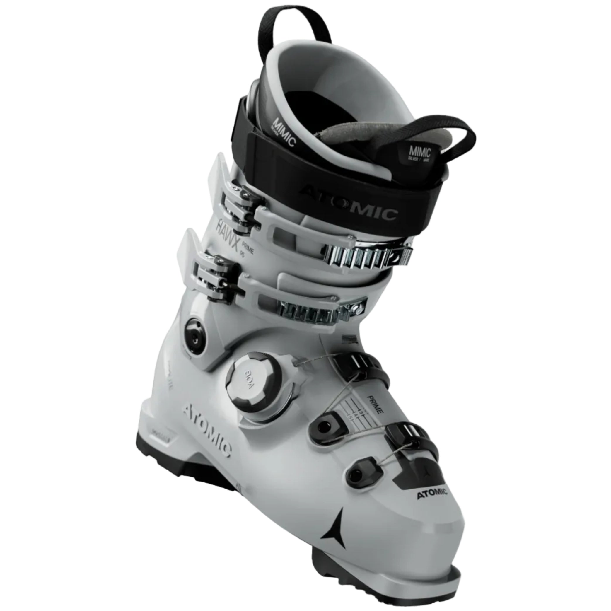 A single Atomic ski boot in white and black, shown at a three-quarter angle on a plain white background.