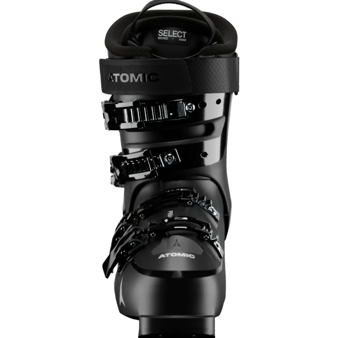 A close-up studio shot of a black Atomic Select ski boot, showing the buckle system, ankle strap, and lower shell.