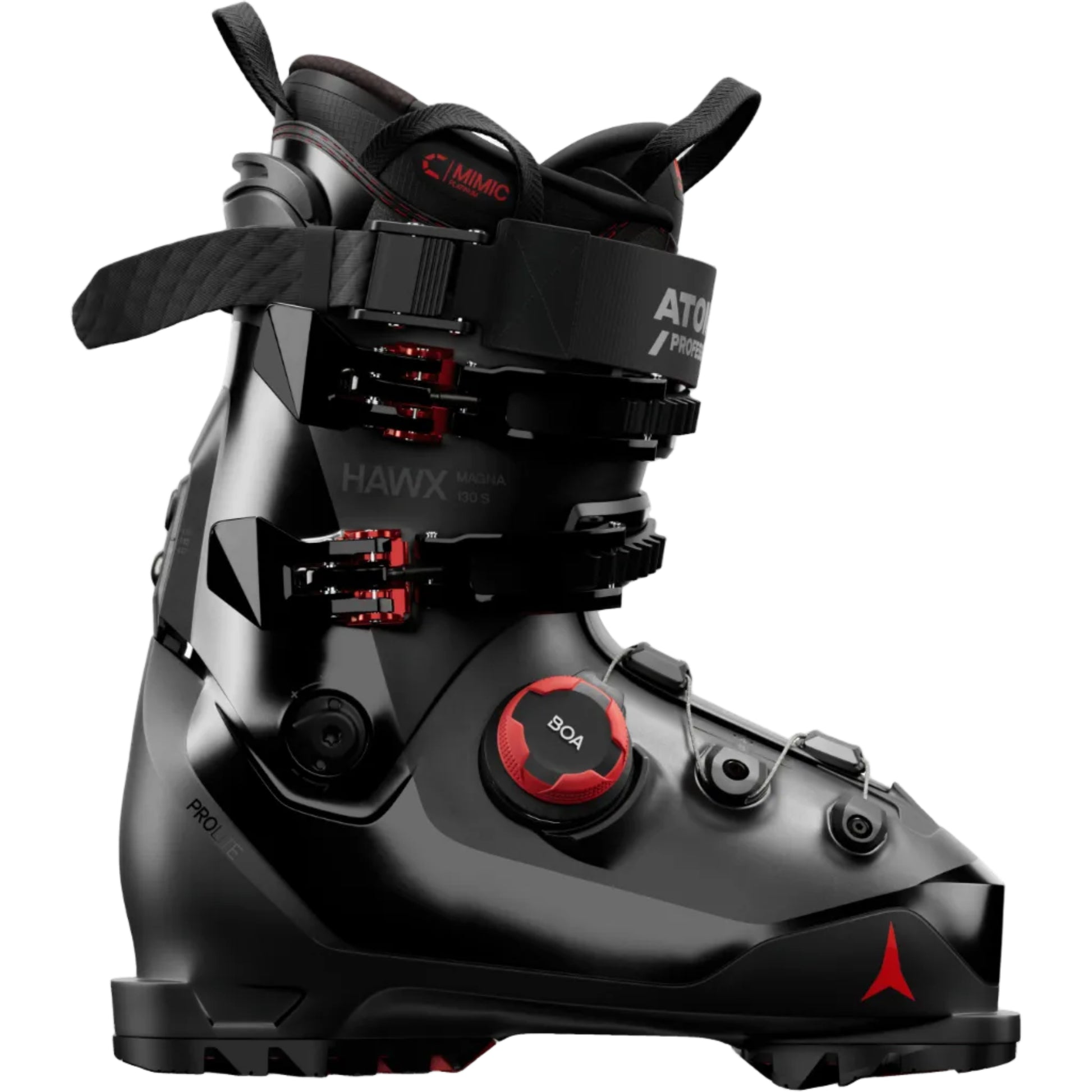 Black ski boot with red accents on a white background