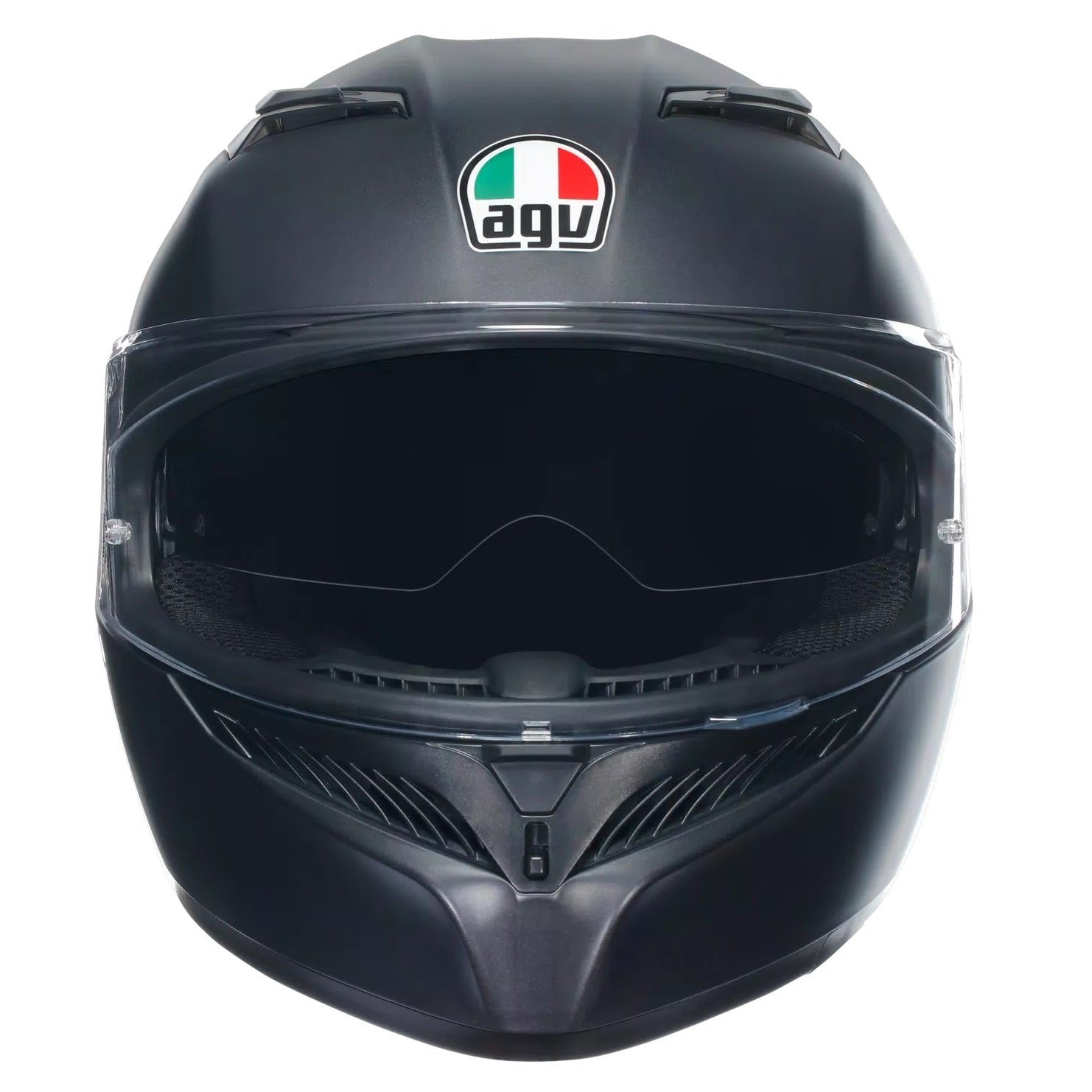 Black motorcycle helmet with Agv logo on a white background