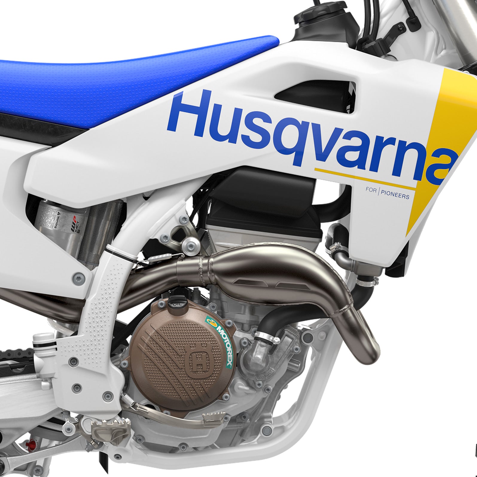 Close-up of a Husqvarna motorcycle engine with visible branding.