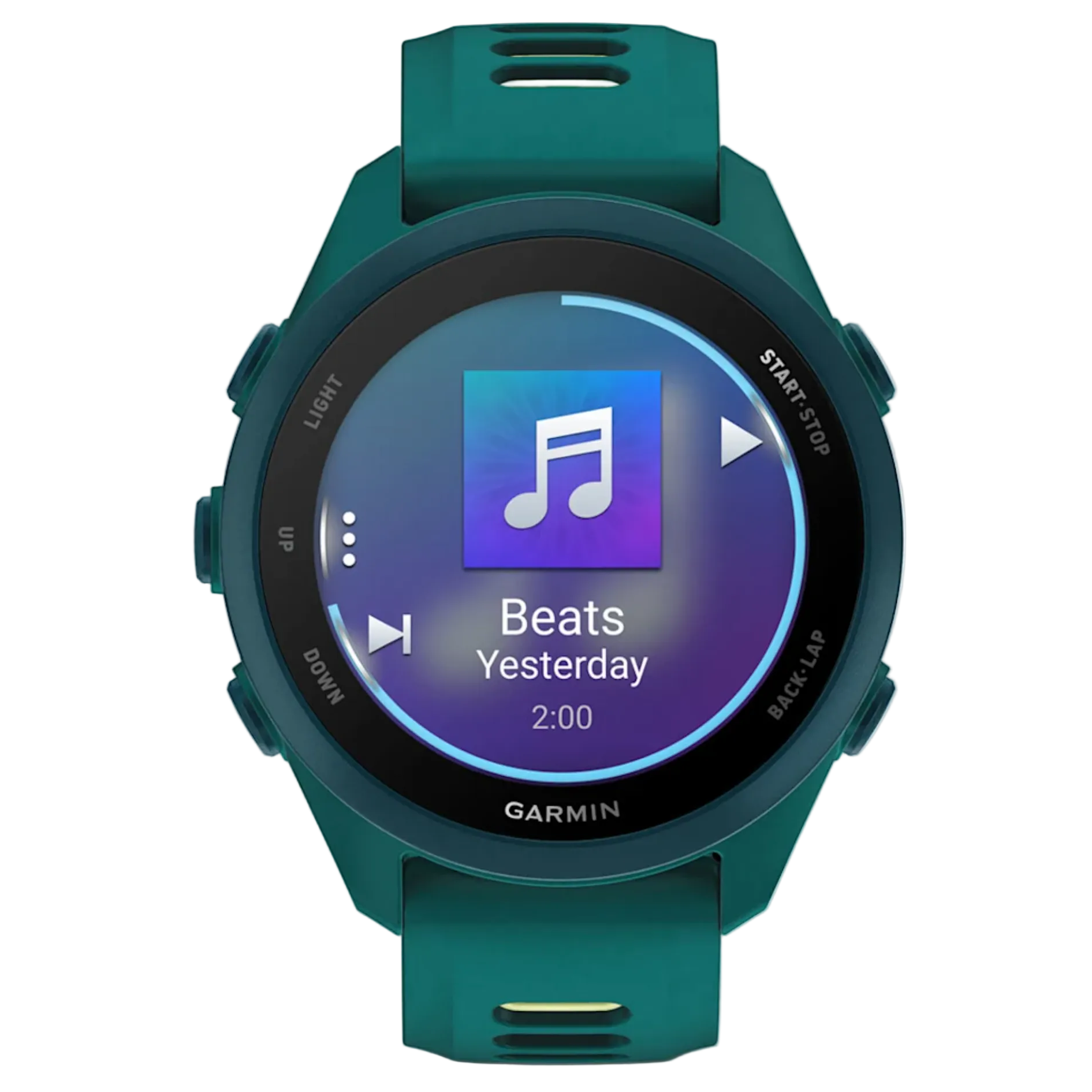 Teal Garmin smartwatch displaying music app on screen with white background