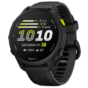 Black Garmin smartwatch with digital display on a white background