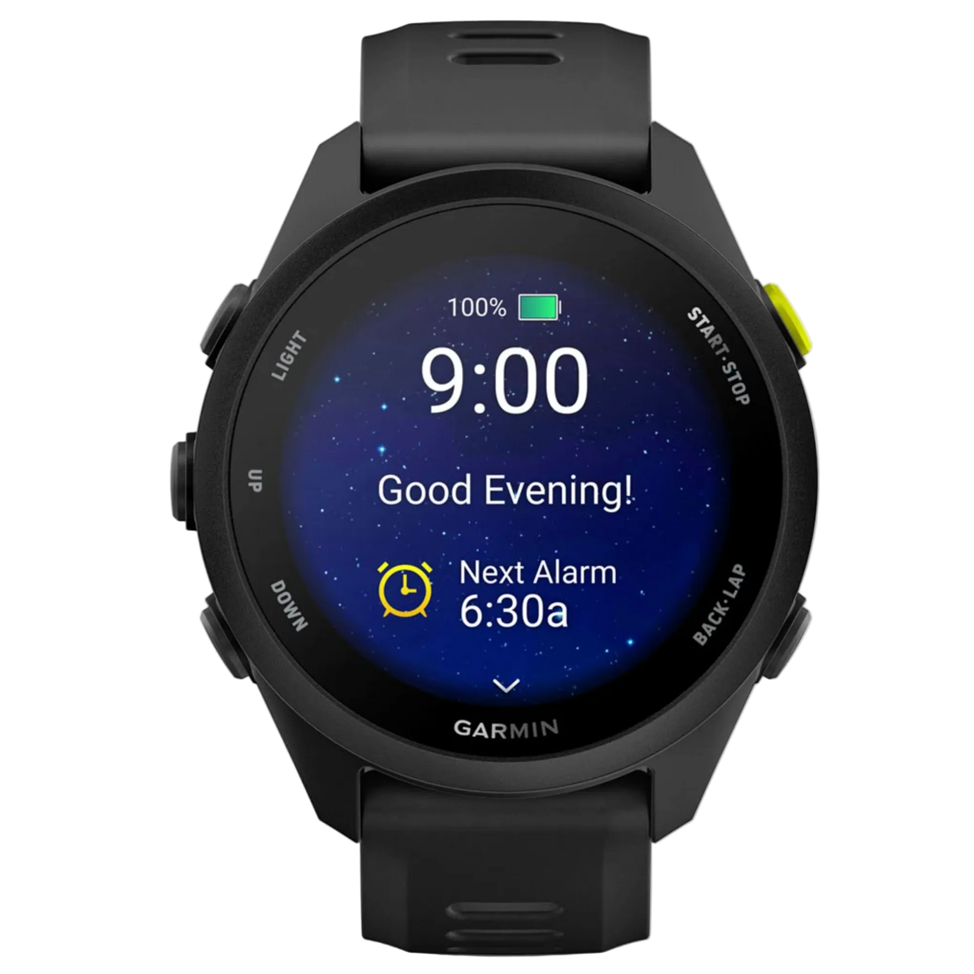 Black Garmin smartwatch displaying the time and alarm settings on a white background