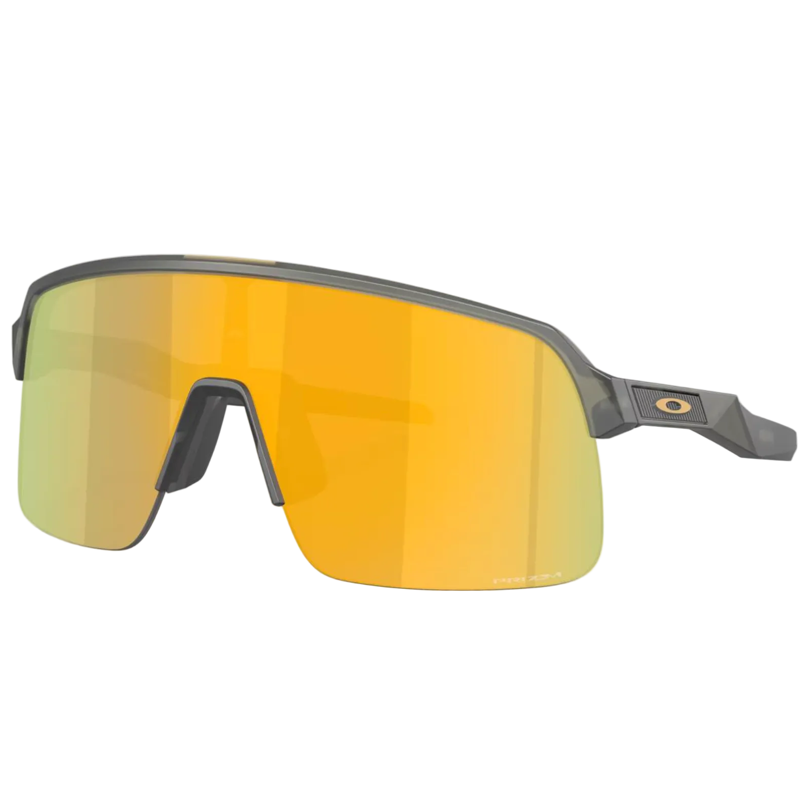 Sunglasses with yellow-tinted lenses and gray frame on a white background