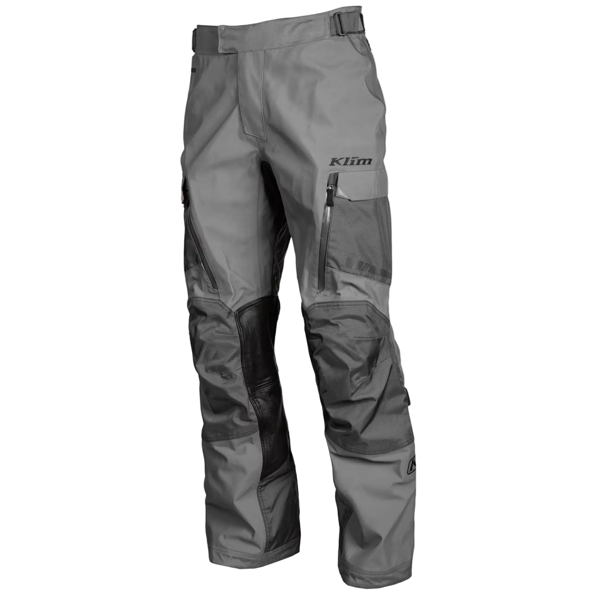 Gray motorcycle pants with black accents on a white background