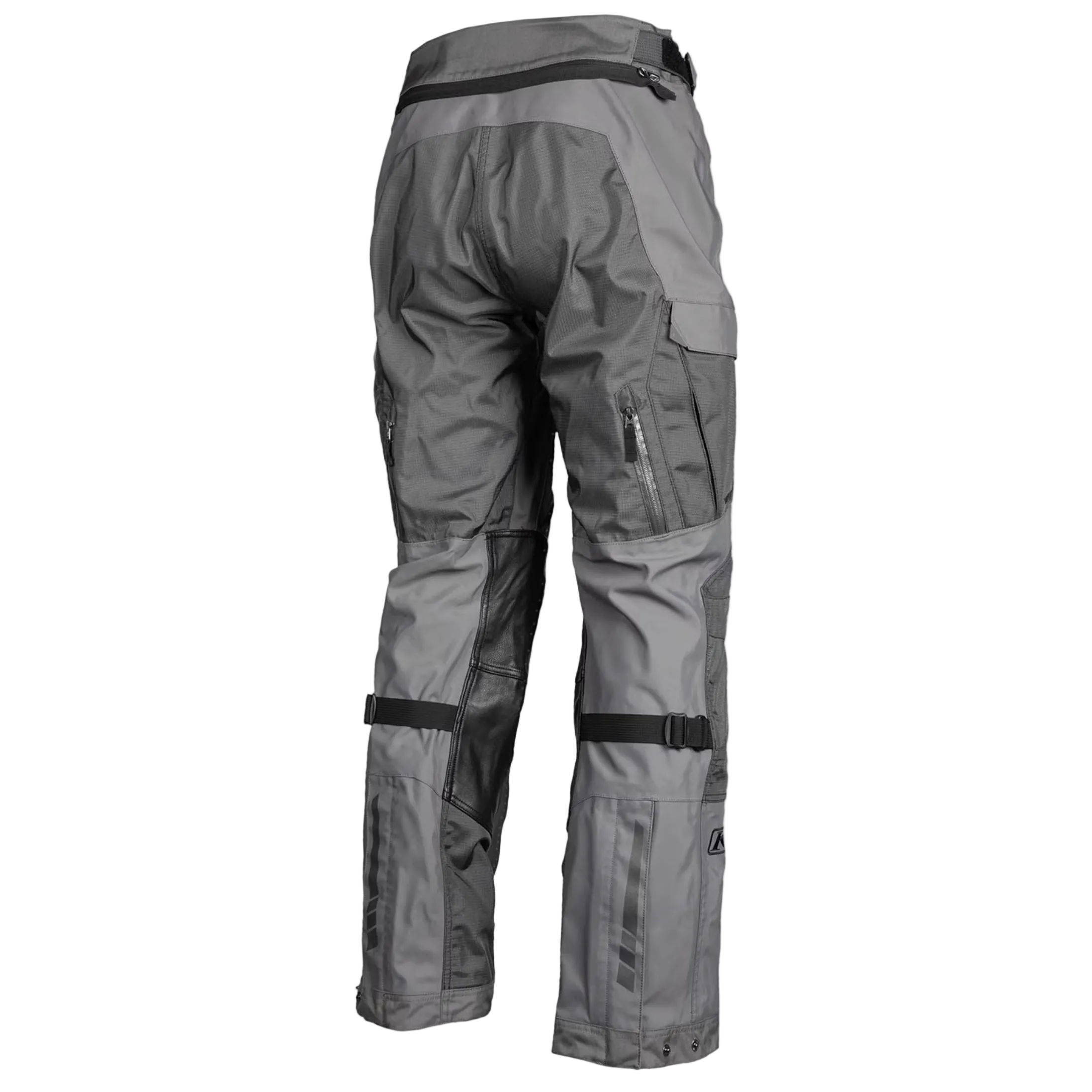 Gray MOTORCYCLE pants with zippers and straps on a white background