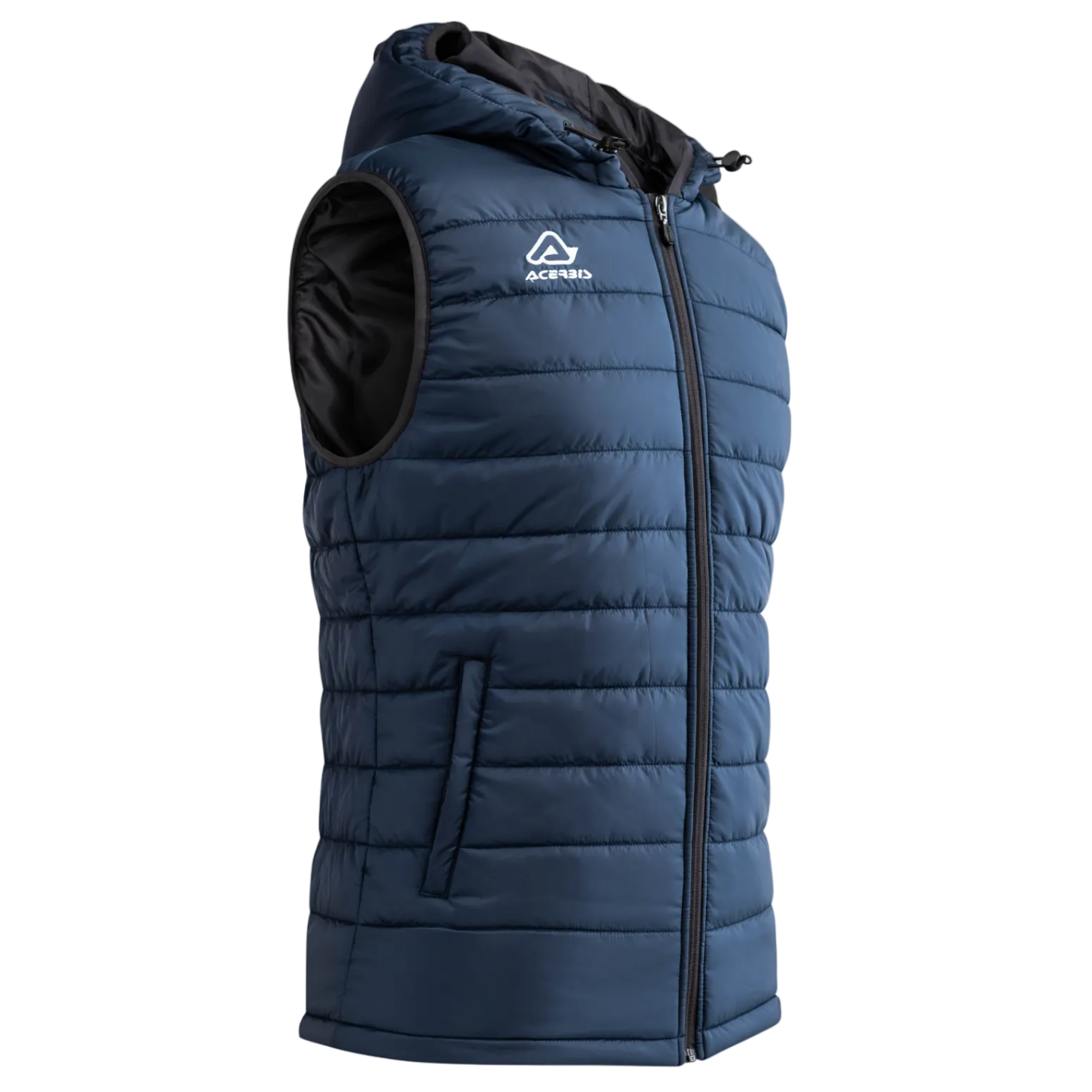 Blue puffer vest with a brand logo on a white background