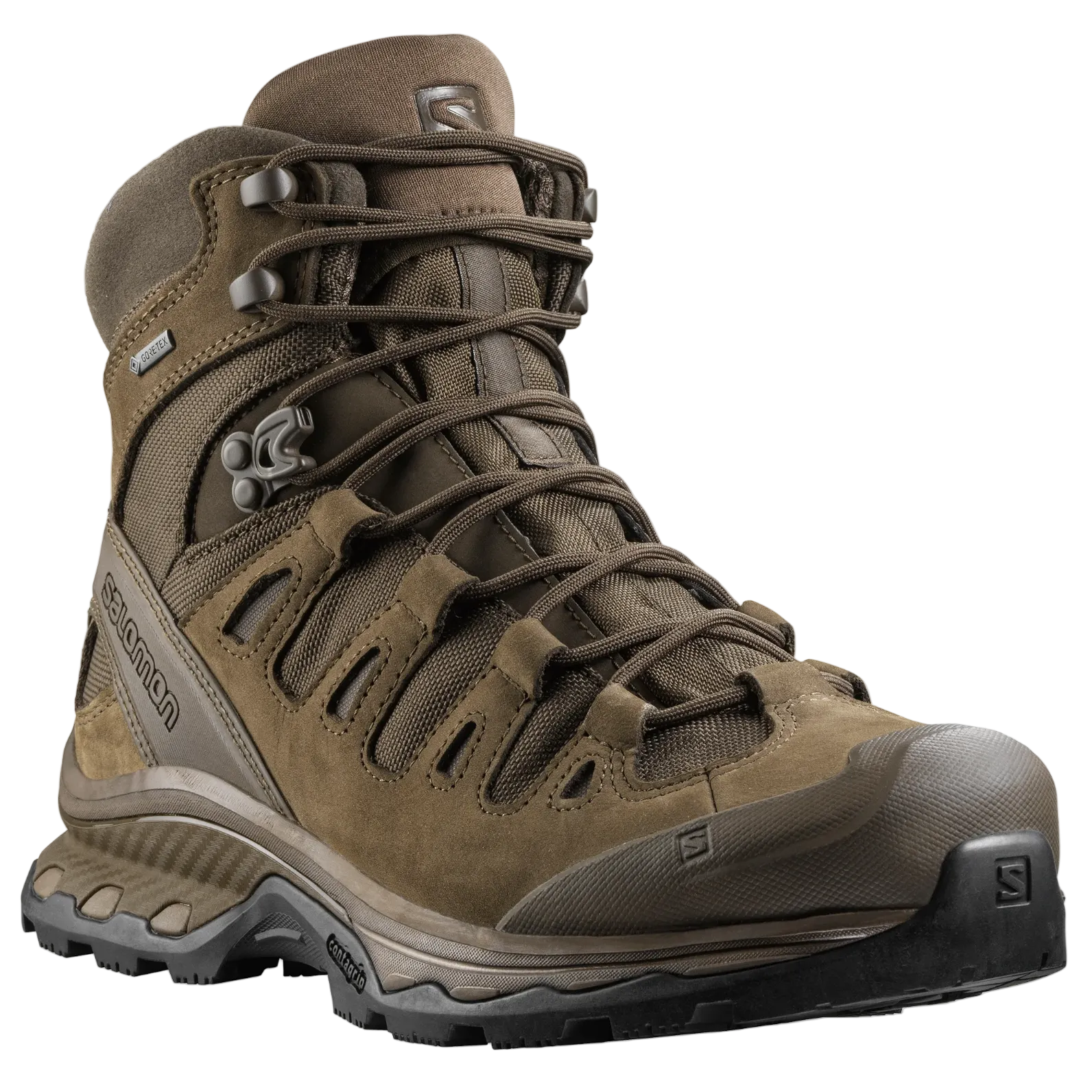 Brown hiking boot with brand logo on a white background