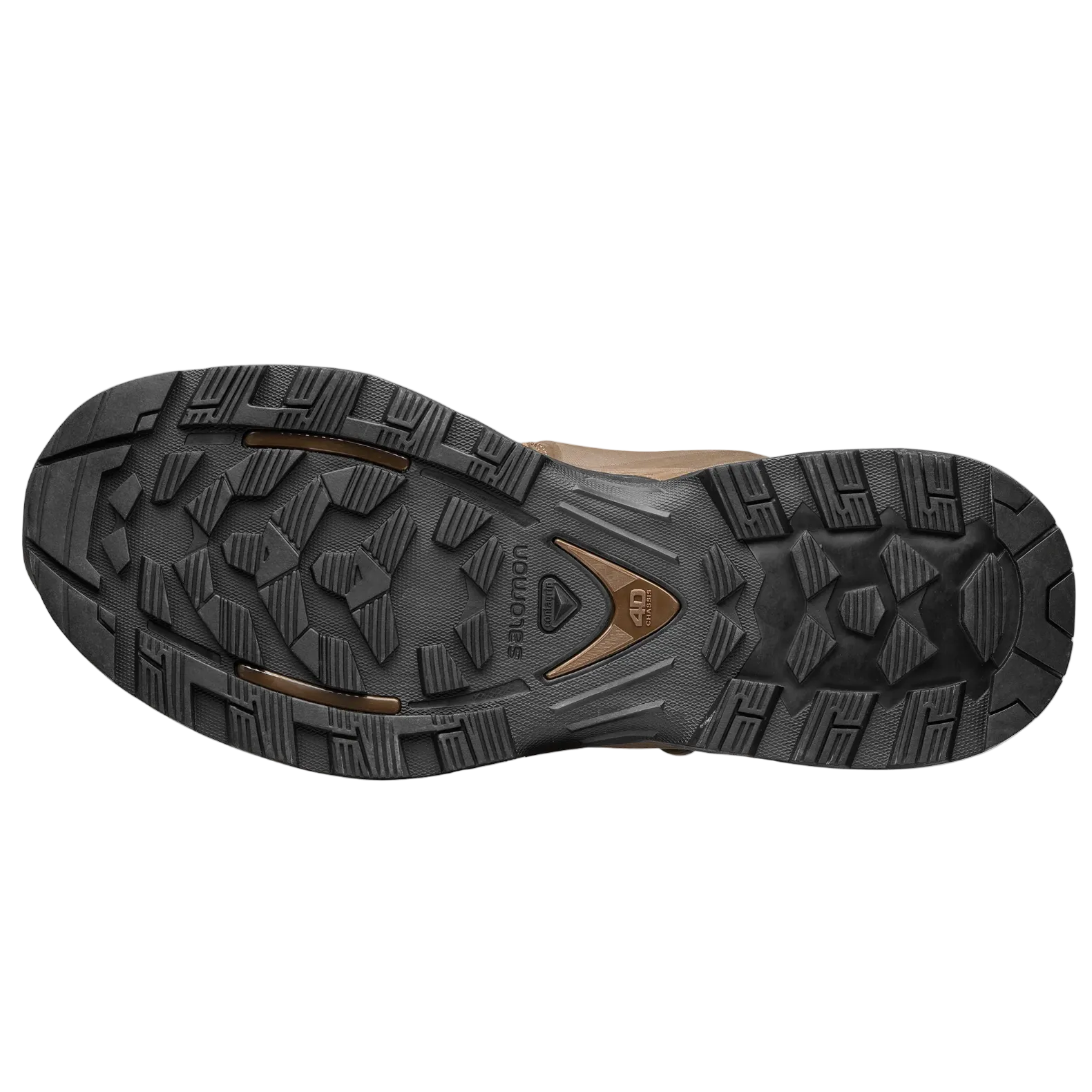 Black shoe sole with tread pattern on a white background