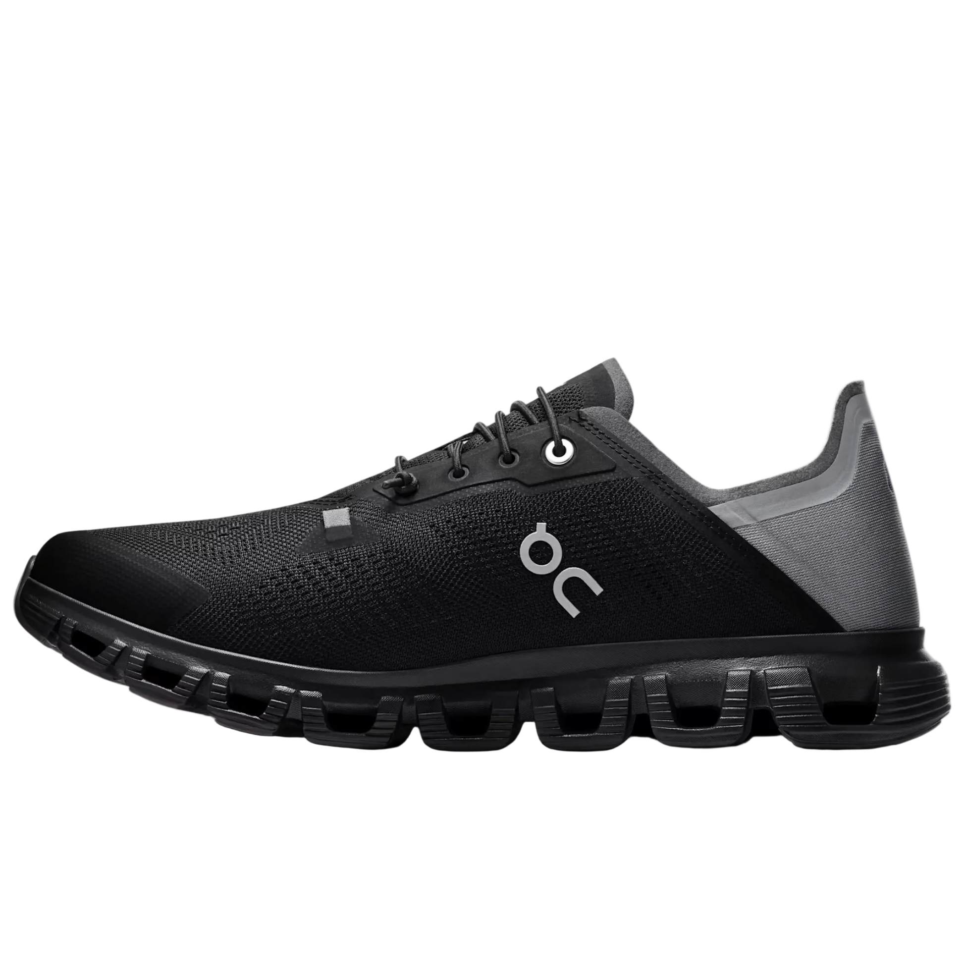 Black running shoe with gray heel on a white background