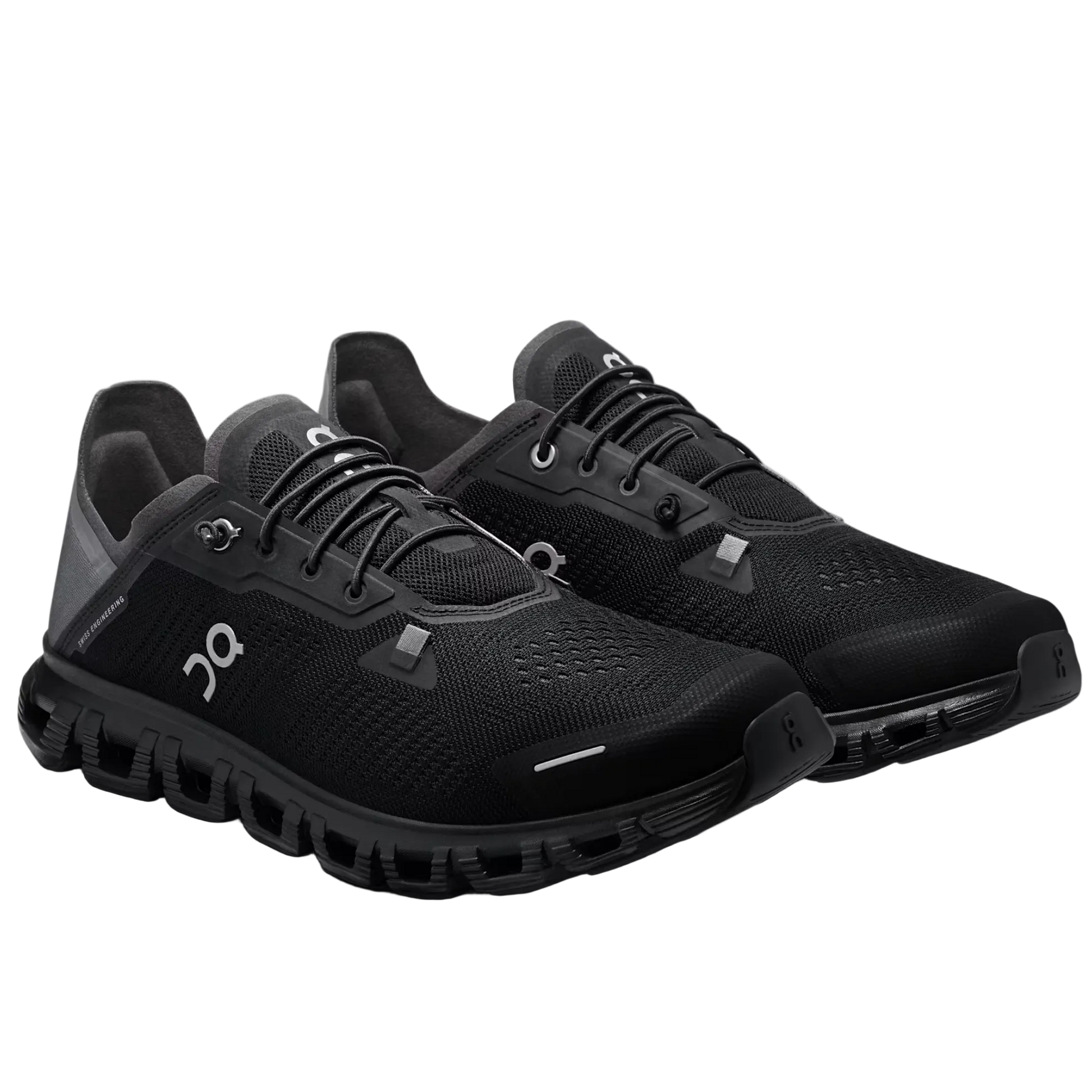 Black running shoes on a light gray background