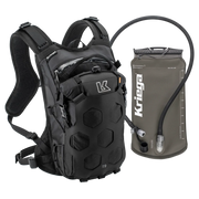 Black backpack with Kriega branding and a separate gray hydration bladder on a white background