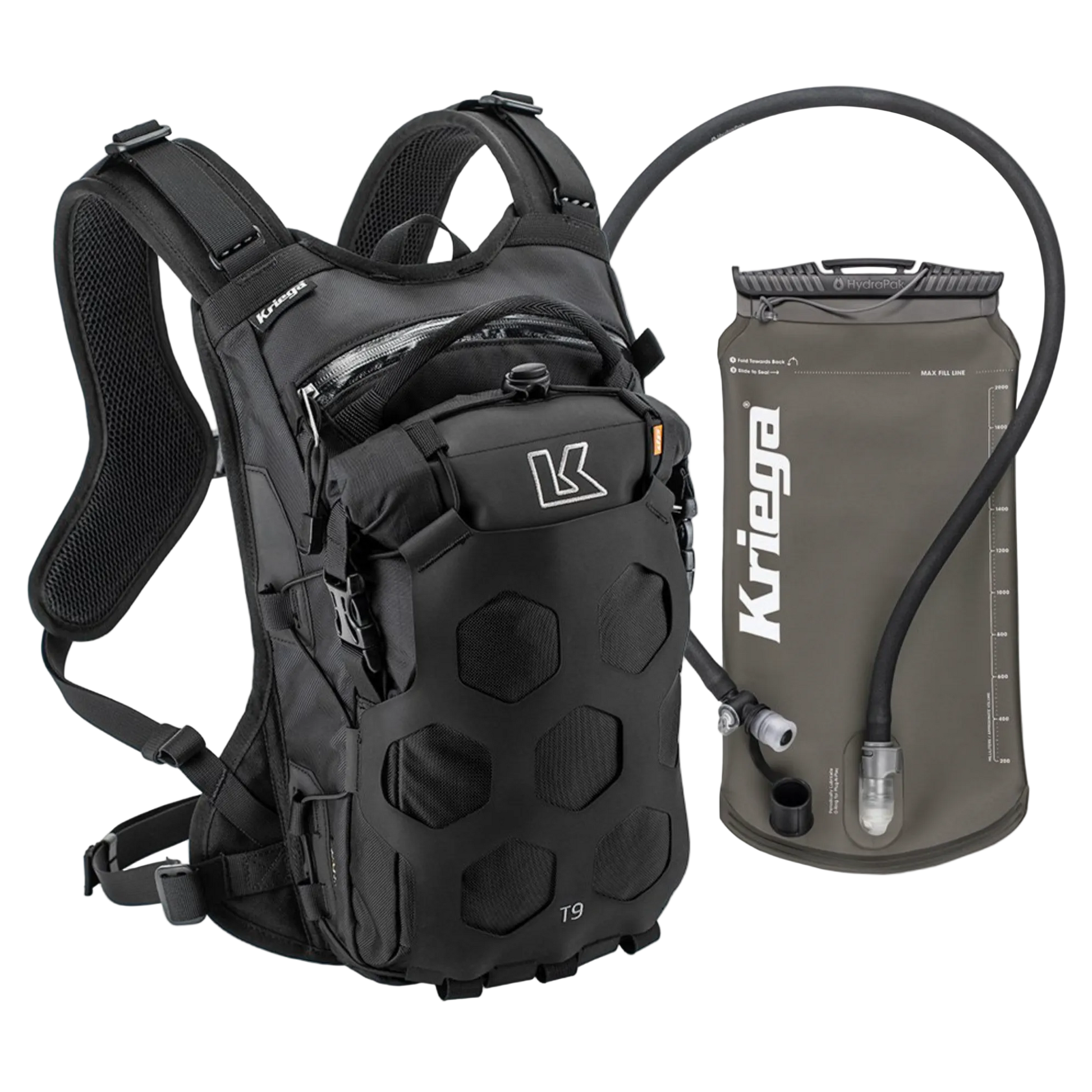 Black backpack with Kriega branding and a separate gray hydration bladder on a white background