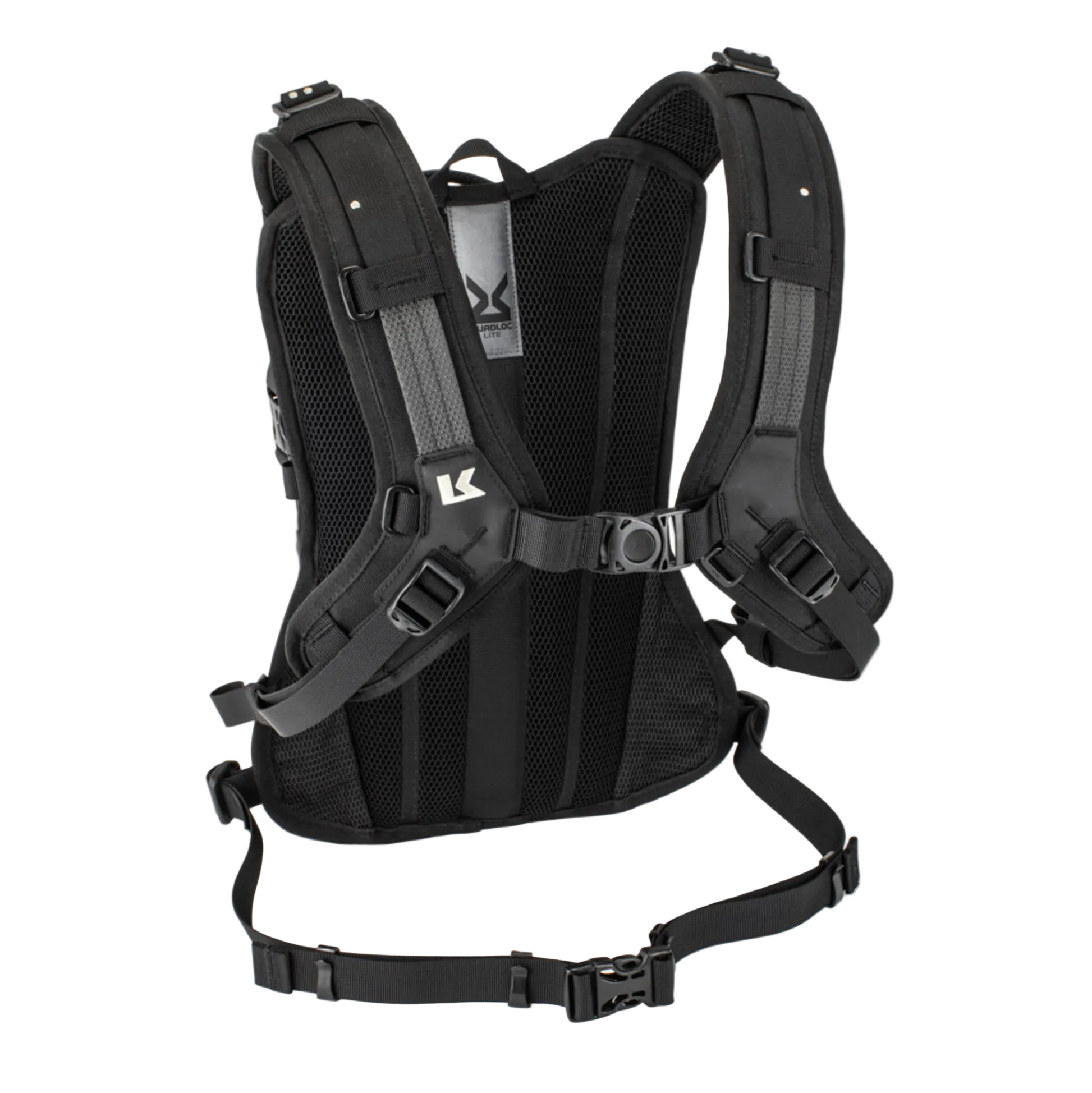 Black backpack with multiple straps on a white background