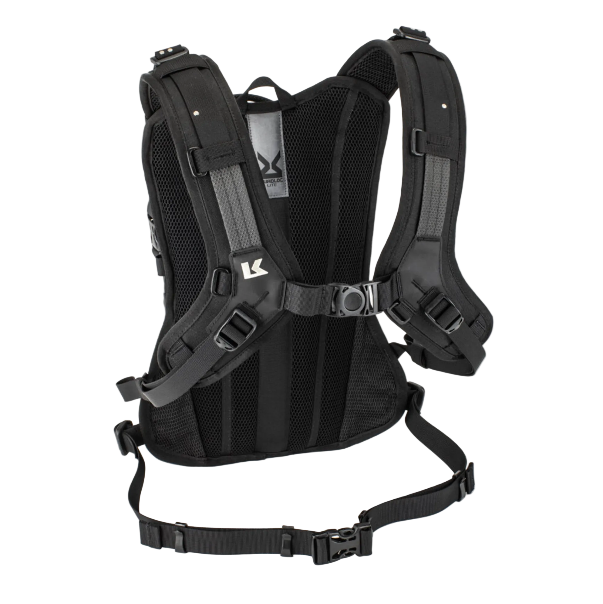 Black backpack with multiple straps on a white background