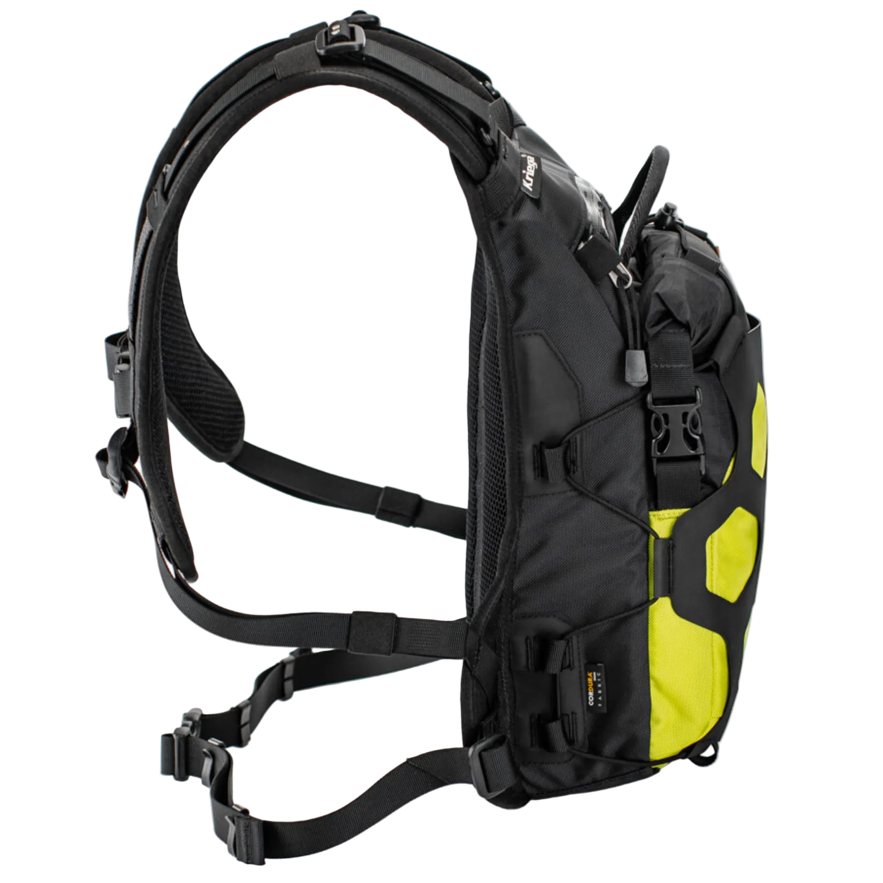 Black and yellow hydration pack on a white background