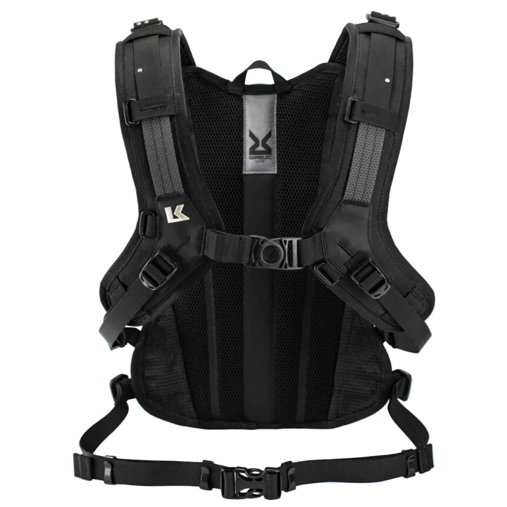 Black backpack with multiple straps on a white background