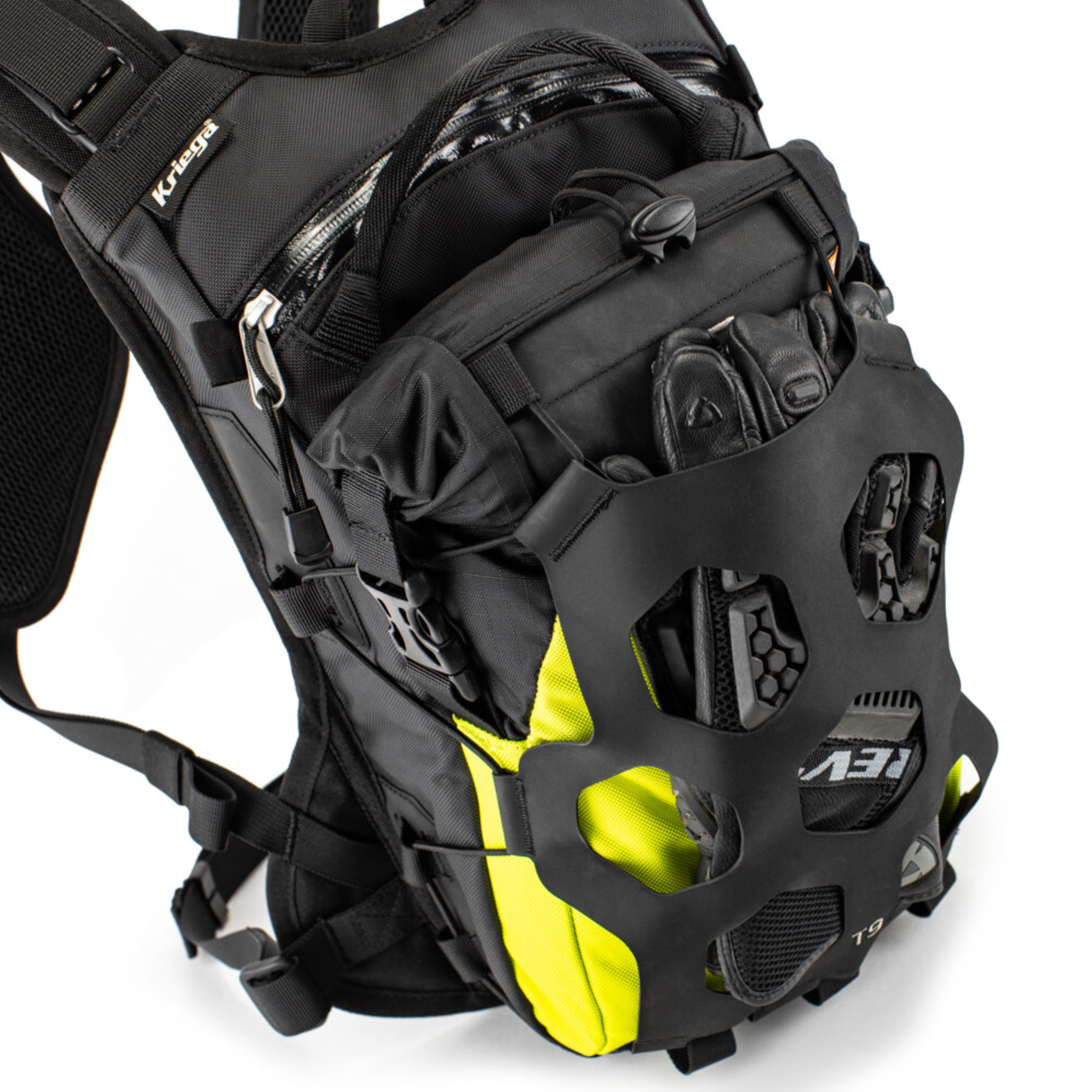 Black and yellow backpack with multiple compartments on a white background