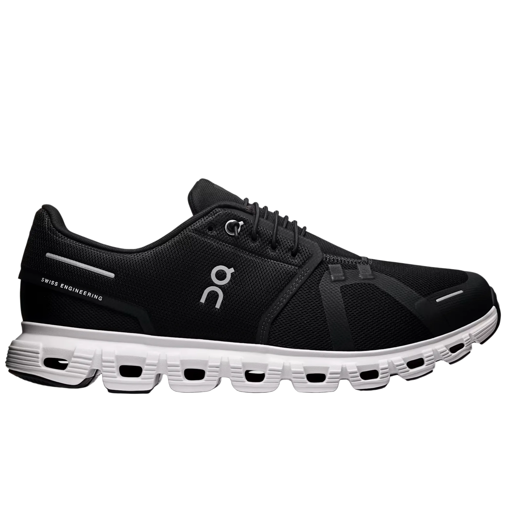 Black running shoe with white sole on a light gray background