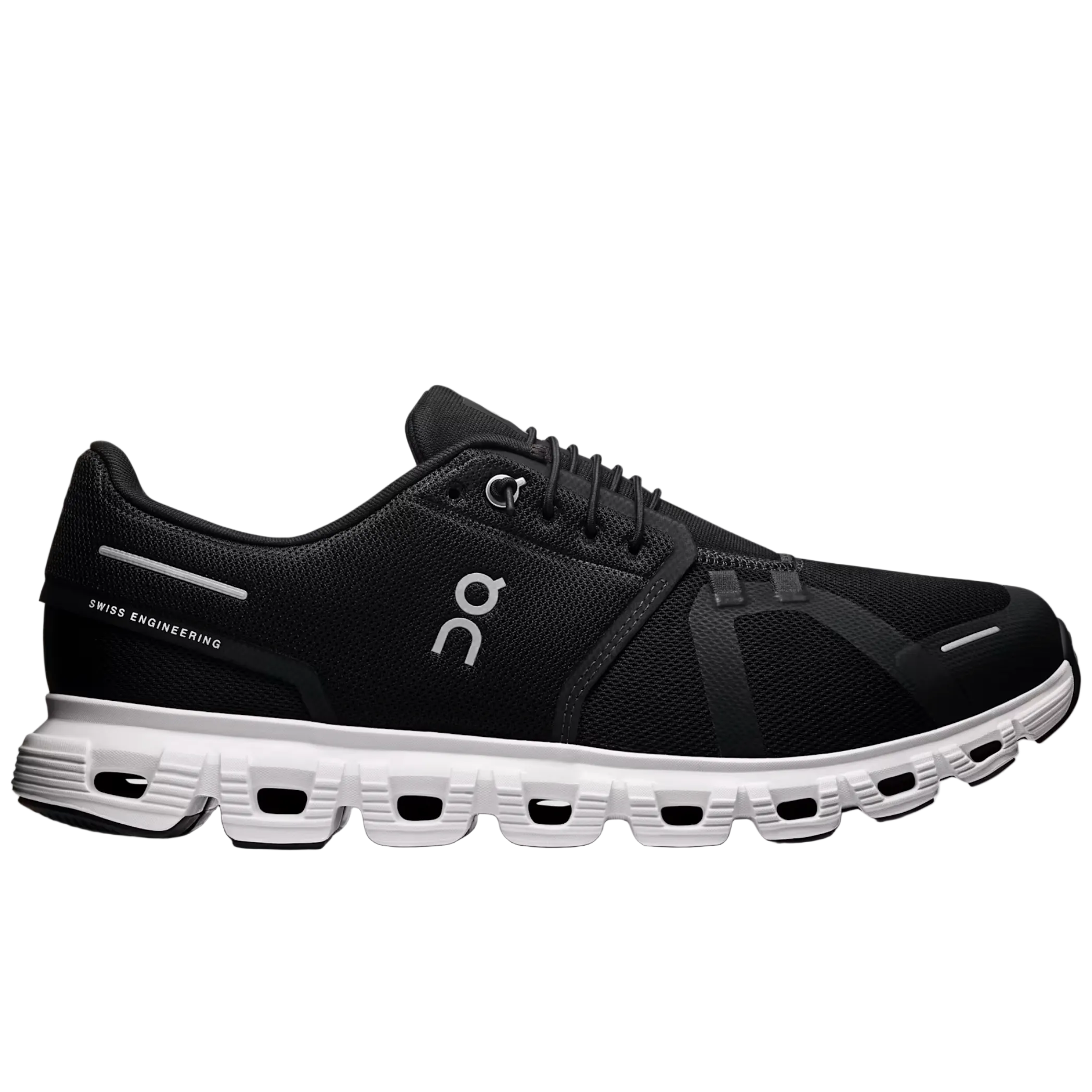 Black running shoe with white sole on a light gray background