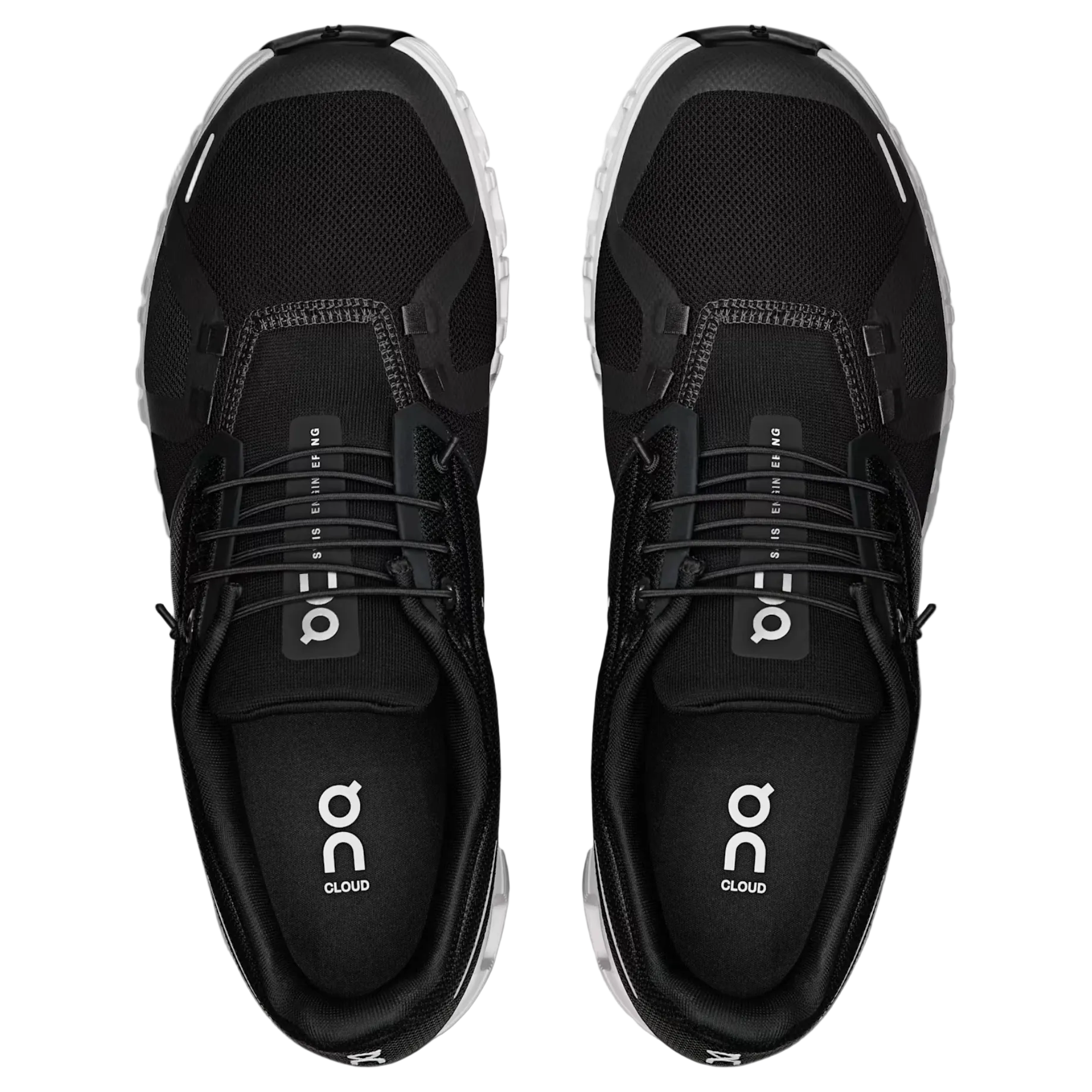 Black athletic shoes with 'on' logo on a light gray background