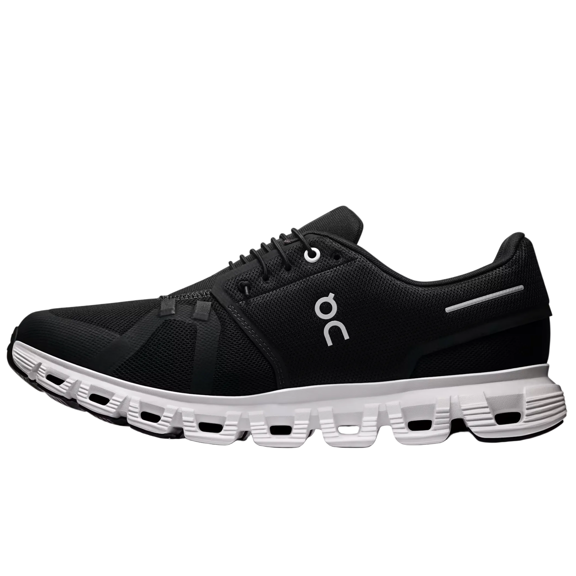 Black running shoe with white sole on a light gray background