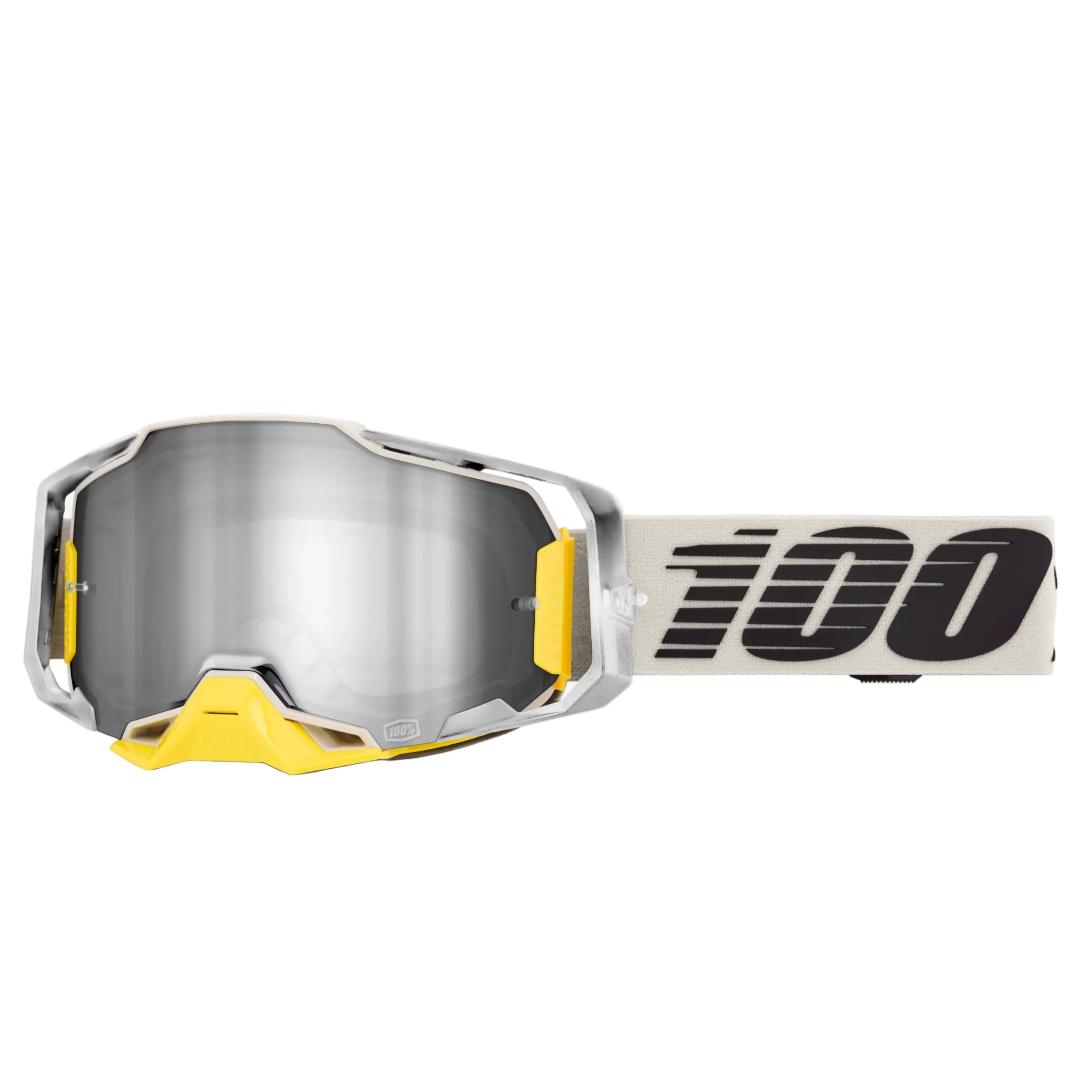 Goggles with a reflective lens and '100' branding on a white background