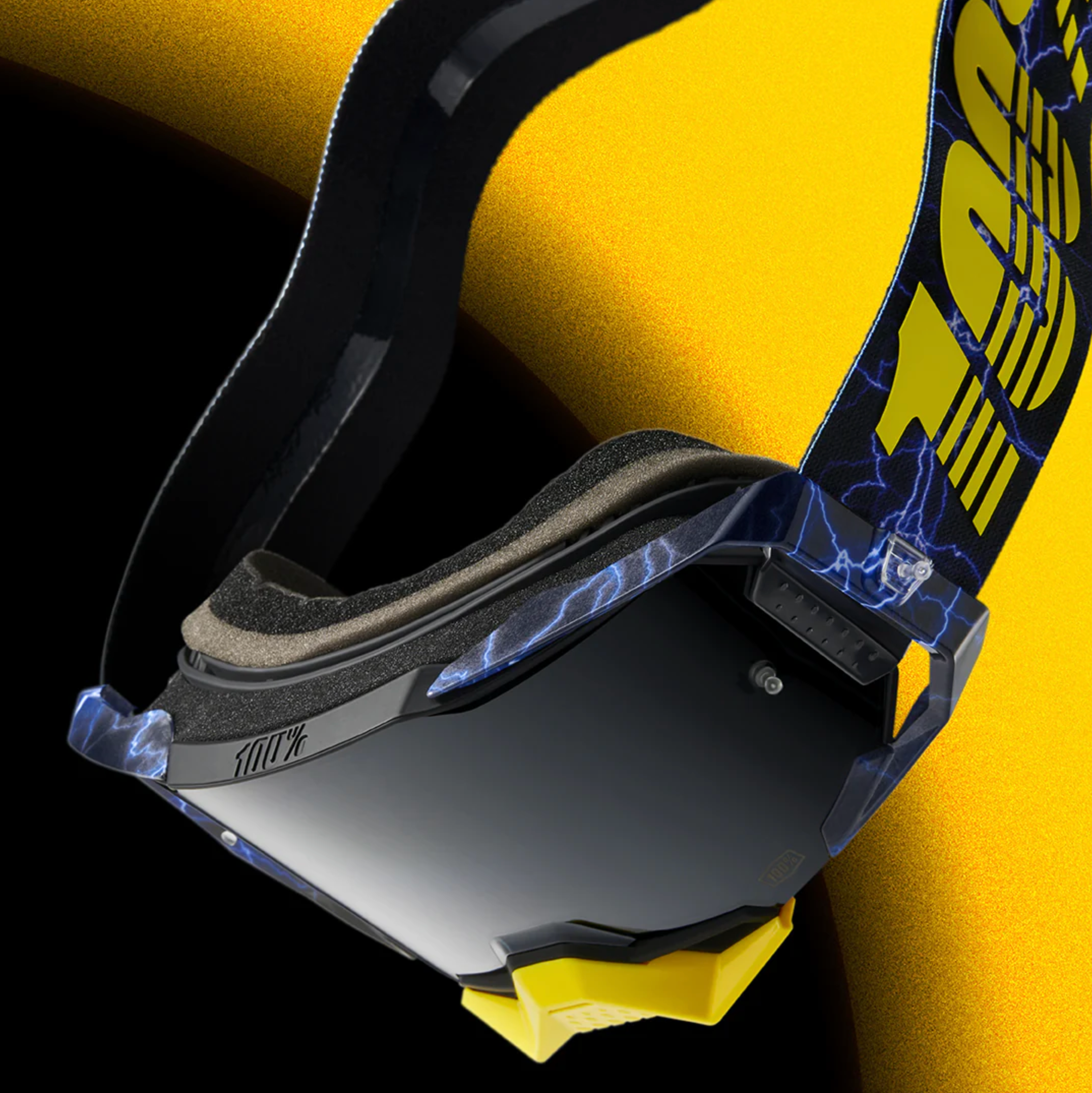 Close-up of a yellow helmet with a black visor on a yellow background