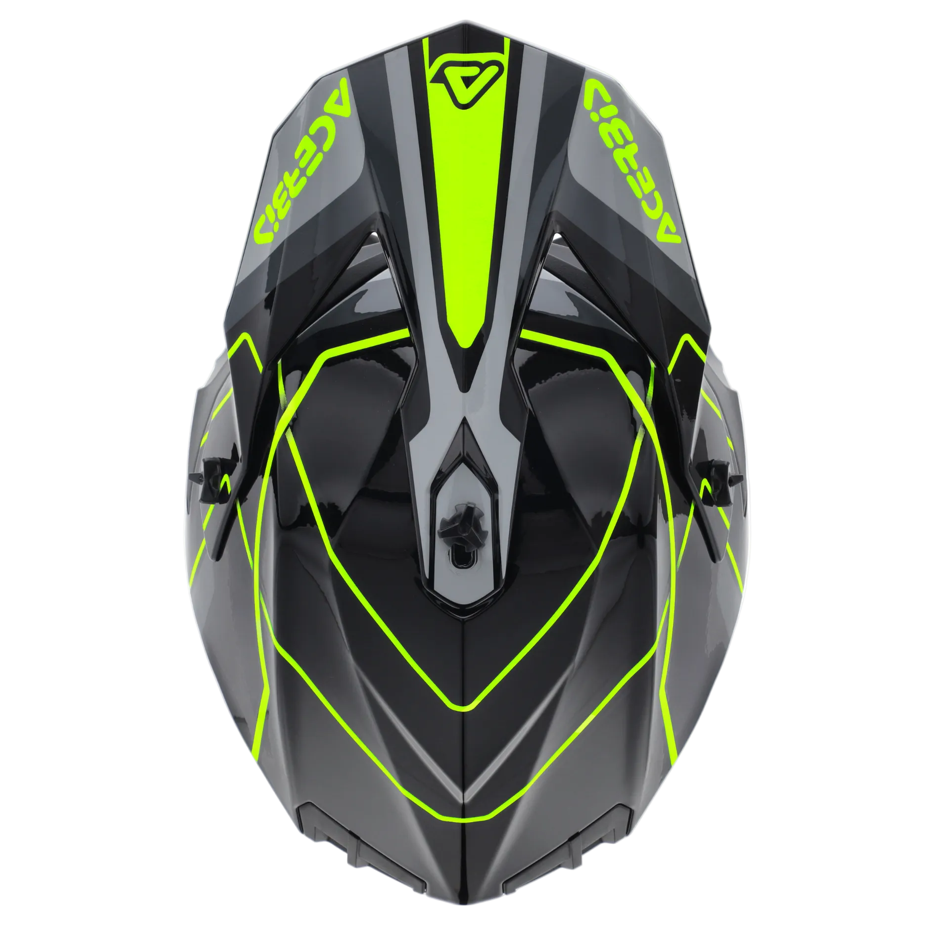 Black and green motorcycle helmet on a white background