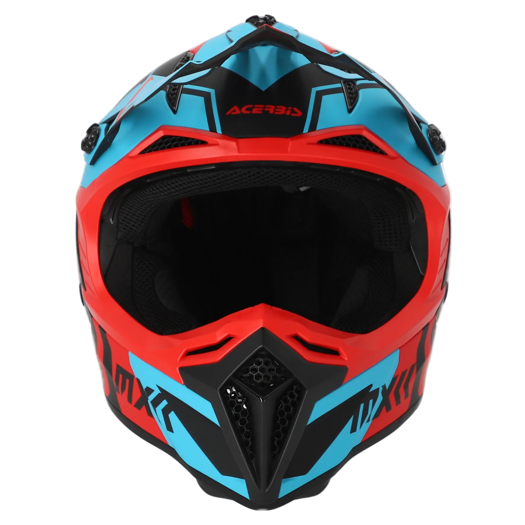 Motocross helmet with red, blue, and black design on a white background