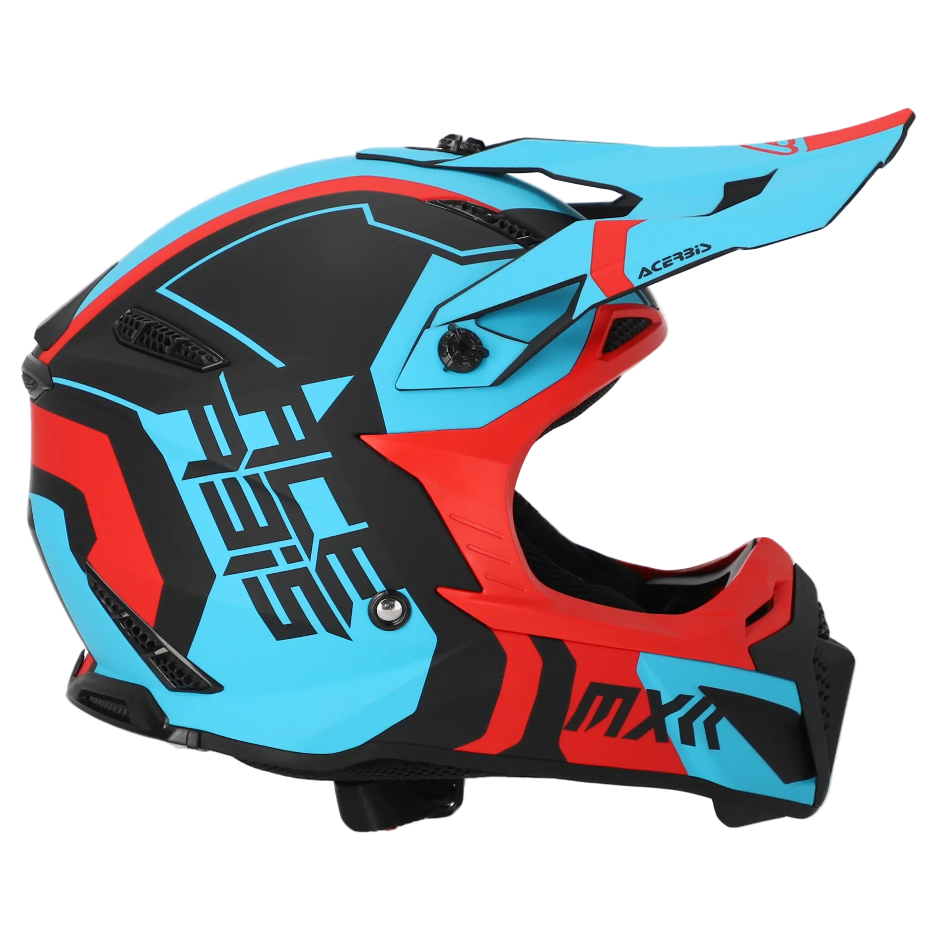 Blue, red, and black motocross helmet on a white background