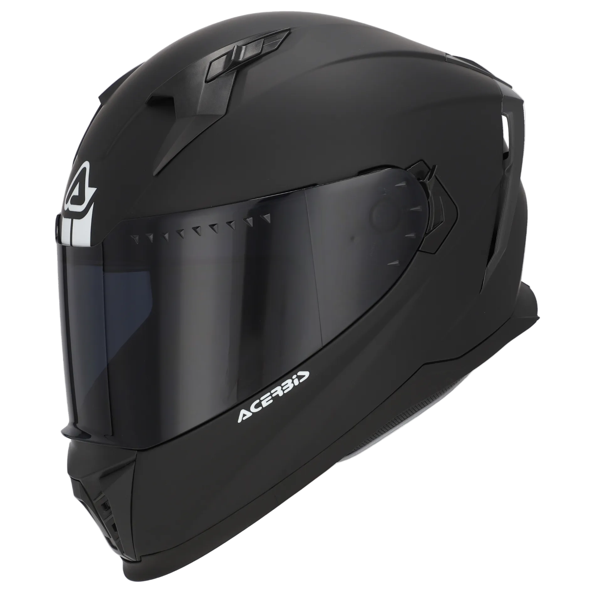 Black motorcycle helmet with Acerbis branding on a white background