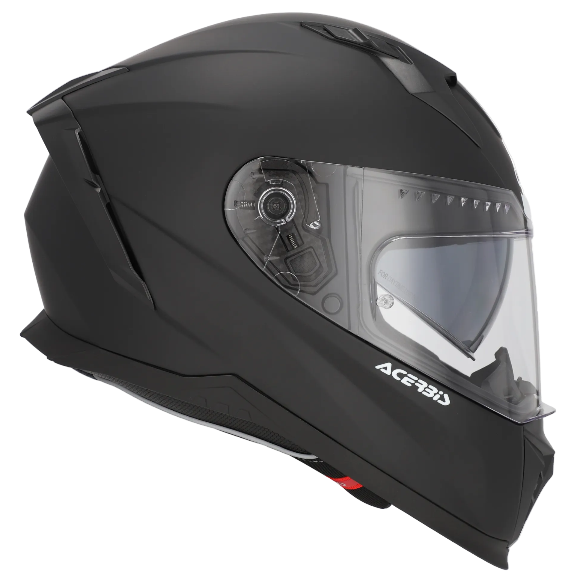 Black motorcycle helmet with clear visor on a white background, featuring the Acerbis brand.
