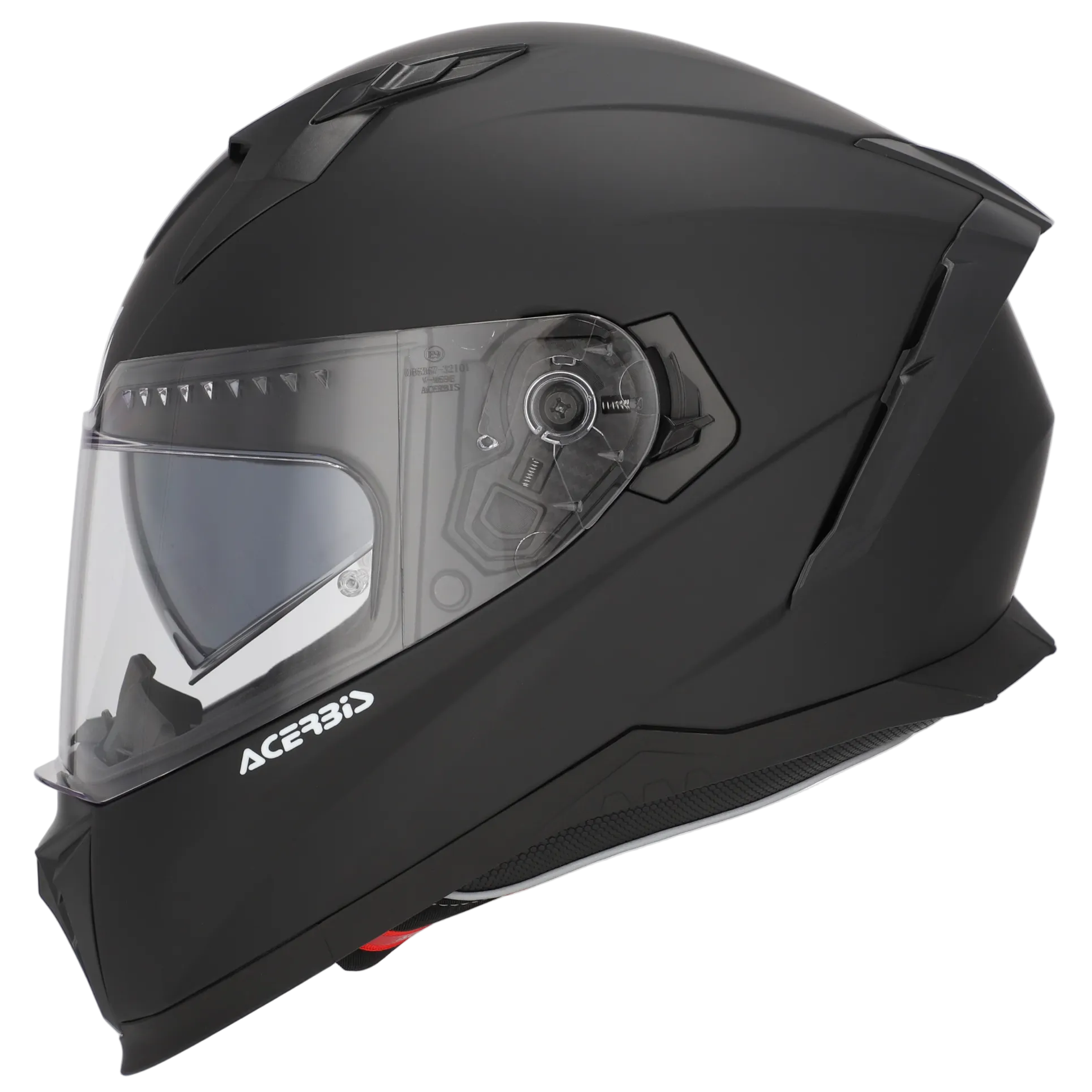Black motorcycle helmet with clear visor on a white background, featuring the Acerbis brand.